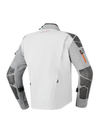 Chaqueta Alpinestars Nazca 3L GORE-TEX PRO, chaqueta de motociclismo de aventura, gris oscuro y gris medio, vista trasera con refuerzos de Superfabric en mangas y hombros, detalles de cremalleras en naranja y construcción técnica laminada de 3 capas.