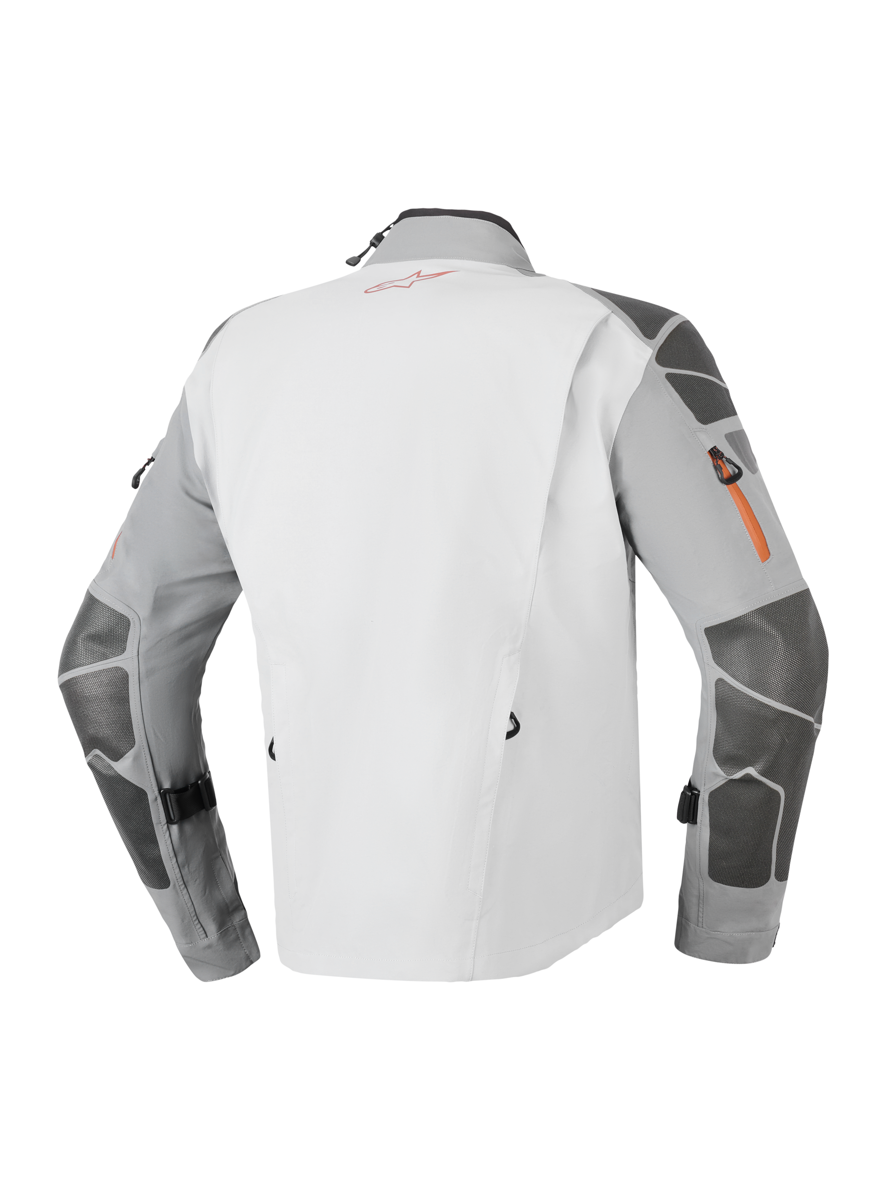 Chaqueta Alpinestars Nazca 3L GORE-TEX PRO, chaqueta de motociclismo de aventura, gris oscuro y gris medio, vista trasera con refuerzos de Superfabric en mangas y hombros, detalles de cremalleras en naranja y construcción técnica laminada de 3 capas.