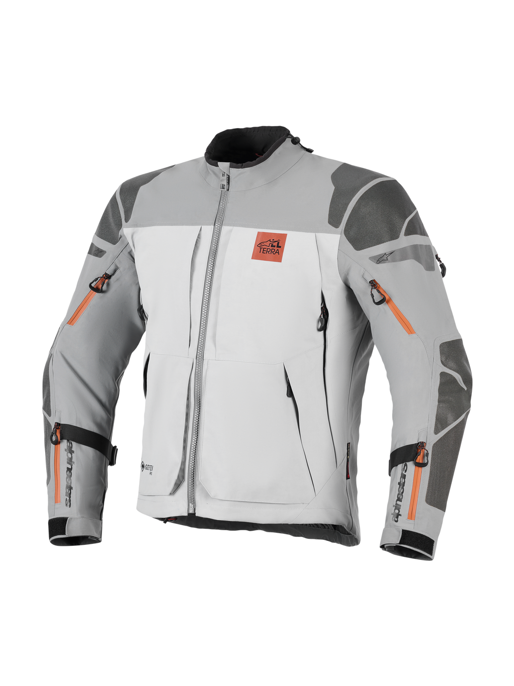 Chaqueta Alpinestars Nazca 3L GORE-TEX PRO, chaqueta de moto de aventura, gris oscuro y gris medio con detalles de cremalleras naranjas, logo All Terra en el pecho, refuerzos de Superfabric en hombros y codos, múltiples aberturas de ventilación con cremallera, diseño touring robusto