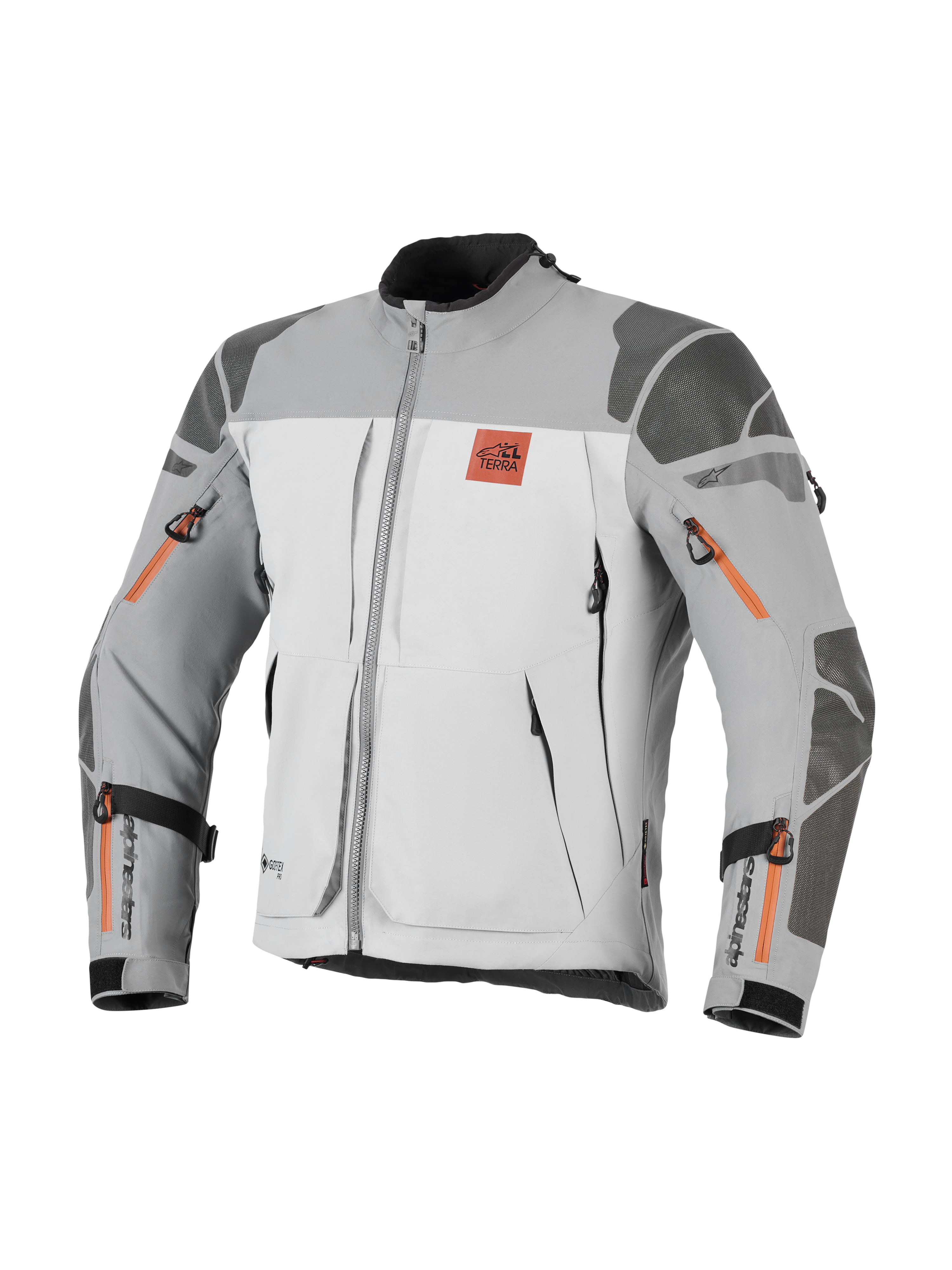 Chaqueta Alpinestars Nazca 3L GORE-TEX PRO, chaqueta de moto de aventura, gris oscuro y gris medio con detalles de cremalleras naranjas, logo All Terra en el pecho, refuerzos de Superfabric en hombros y codos, múltiples aberturas de ventilación con cremallera, diseño touring robusto
