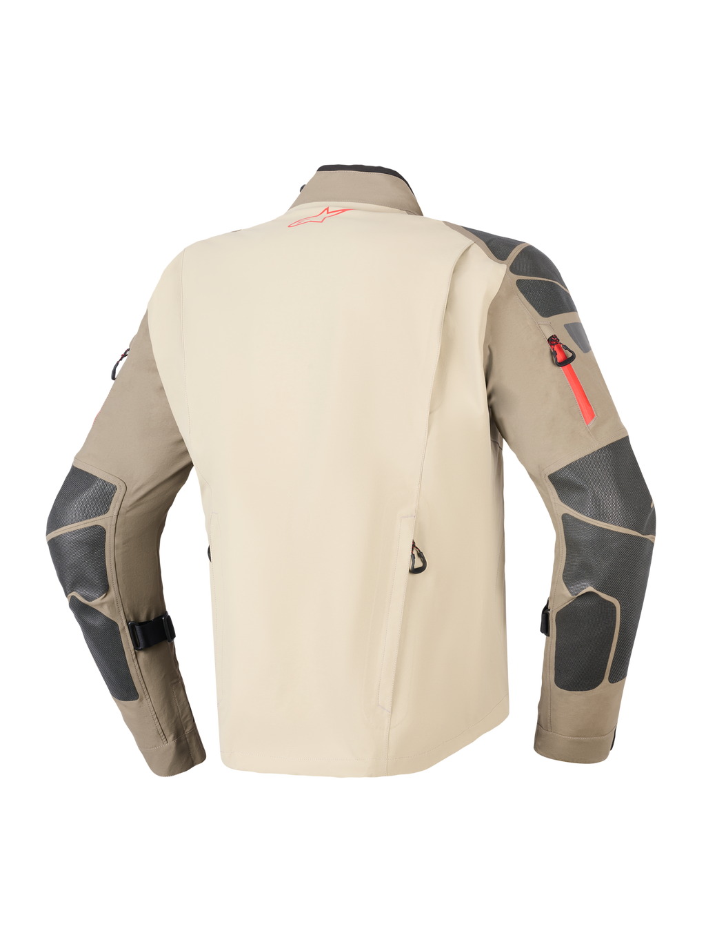 Chaqueta Alpinestars Nazca 3L GORE-TEX PRO, marrón Walnut Rock, vista trasera que muestra el panel posterior arena y mangas marrones con refuerzos gris oscuro en hombros y codos, detalles en rojo en cremalleras y logotipos, equipamiento de moto duradero para aventura y touring