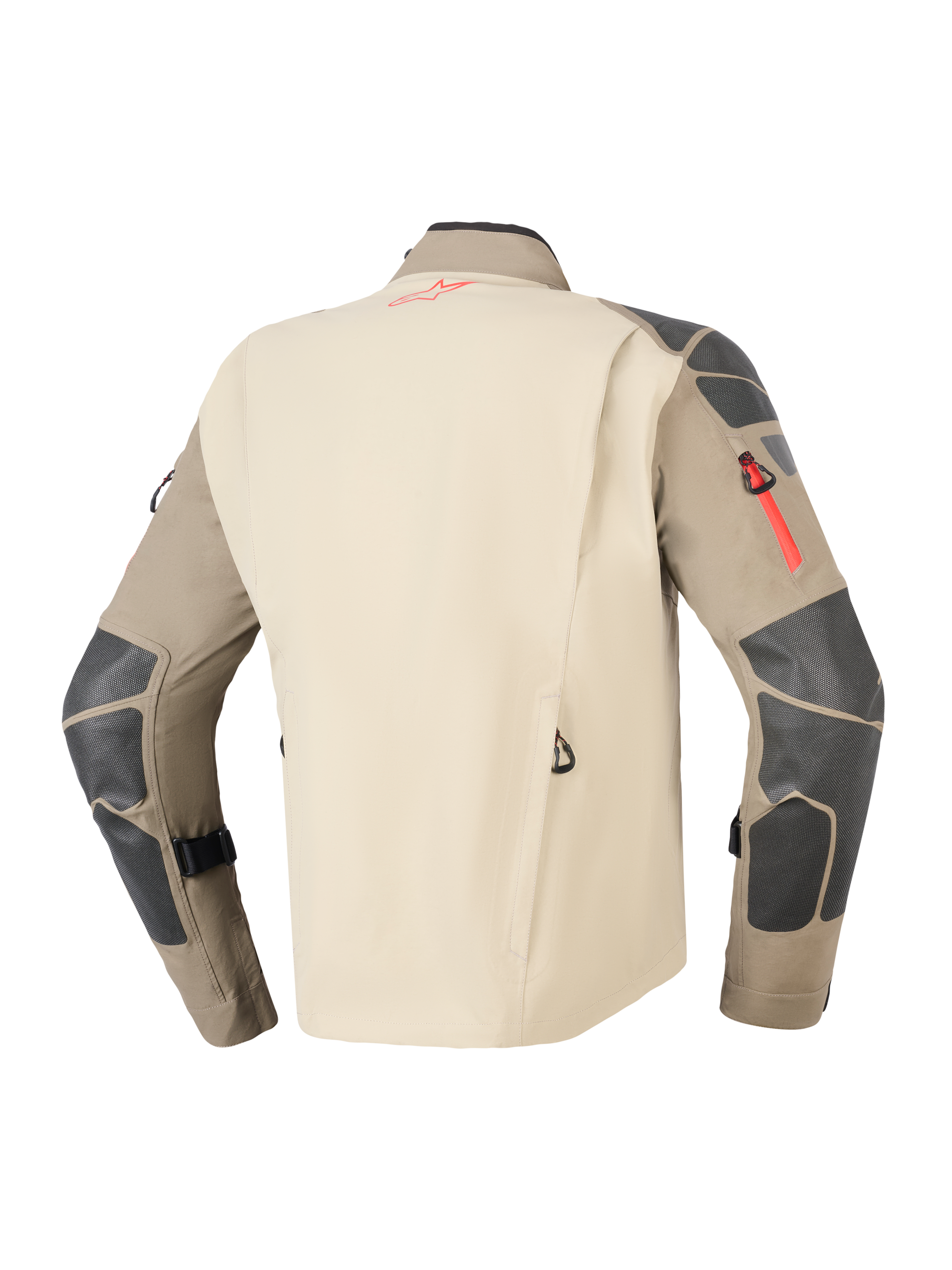 Chaqueta Alpinestars Nazca 3L GORE-TEX PRO, marrón Walnut Rock, vista trasera que muestra el panel posterior arena y mangas marrones con refuerzos gris oscuro en hombros y codos, detalles en rojo en cremalleras y logotipos, equipamiento de moto duradero para aventura y touring