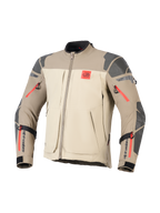 Chaqueta Alpinestars Nazca 3L GORE-TEX PRO, Walnut Rock Brown, chaqueta de moto de aventura, bloques de color en beige y marrón claro, refuerzos texturizados grises en hombros y codos, detalles de cremalleras en rojo brillante, logotipo rojo 'ALL TERRA' en el pecho, marca Alpinestars en negro en los antebrazos, construcción textil duradera