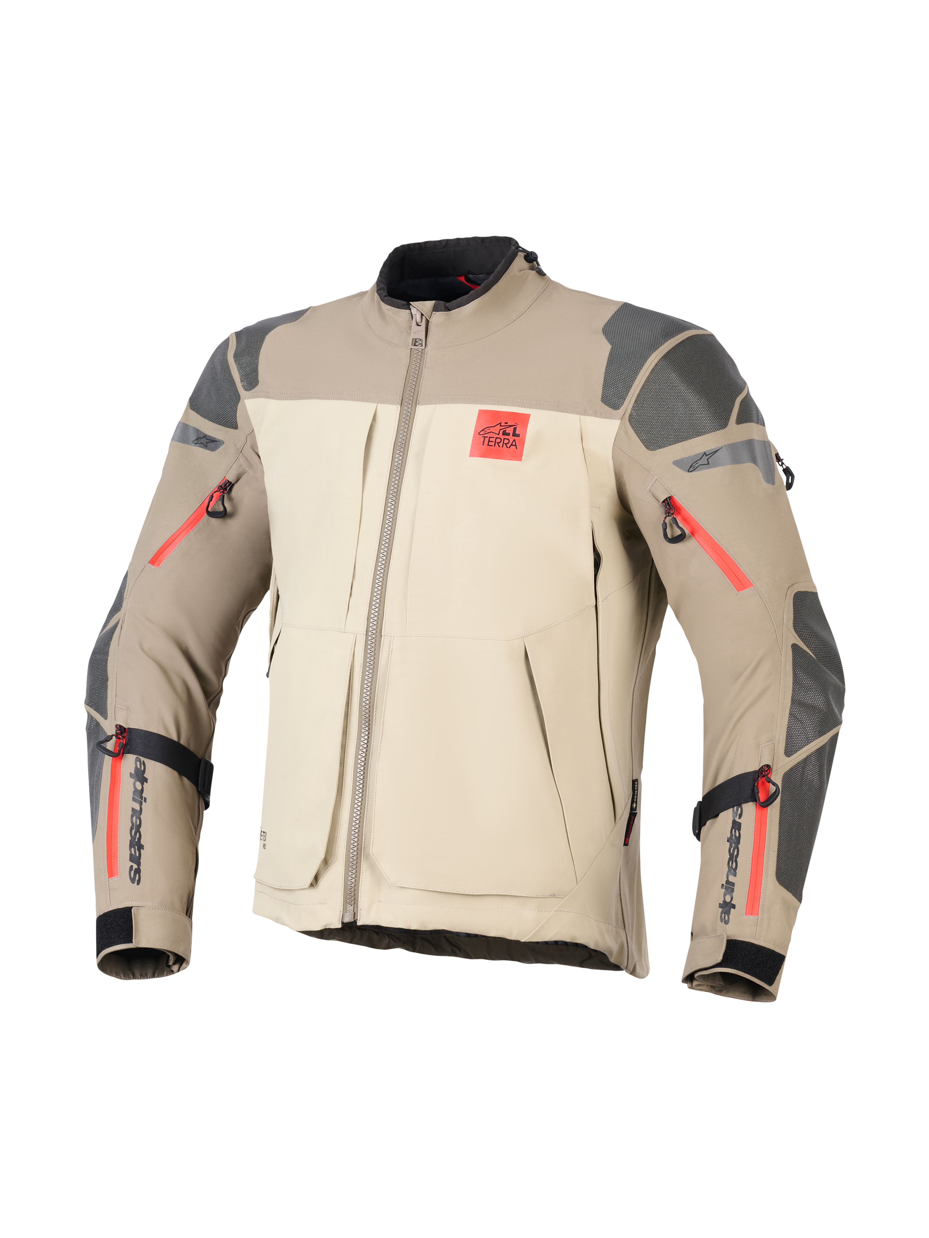 Chaqueta Alpinestars Nazca 3L GORE-TEX PRO, Walnut Rock Brown, chaqueta de moto de aventura, bloques de color en beige y marrón claro, refuerzos texturizados grises en hombros y codos, detalles de cremalleras en rojo brillante, logotipo rojo 'ALL TERRA' en el pecho, marca Alpinestars en negro en los antebrazos, construcción textil duradera