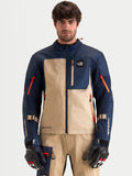 Alpinestars Arenis Gore-Tex Jacket, men's adventure touring motorcycle jacket in night navy and aluminum, front view on a model wearing matching gear and gloves, waterproof textile construction
