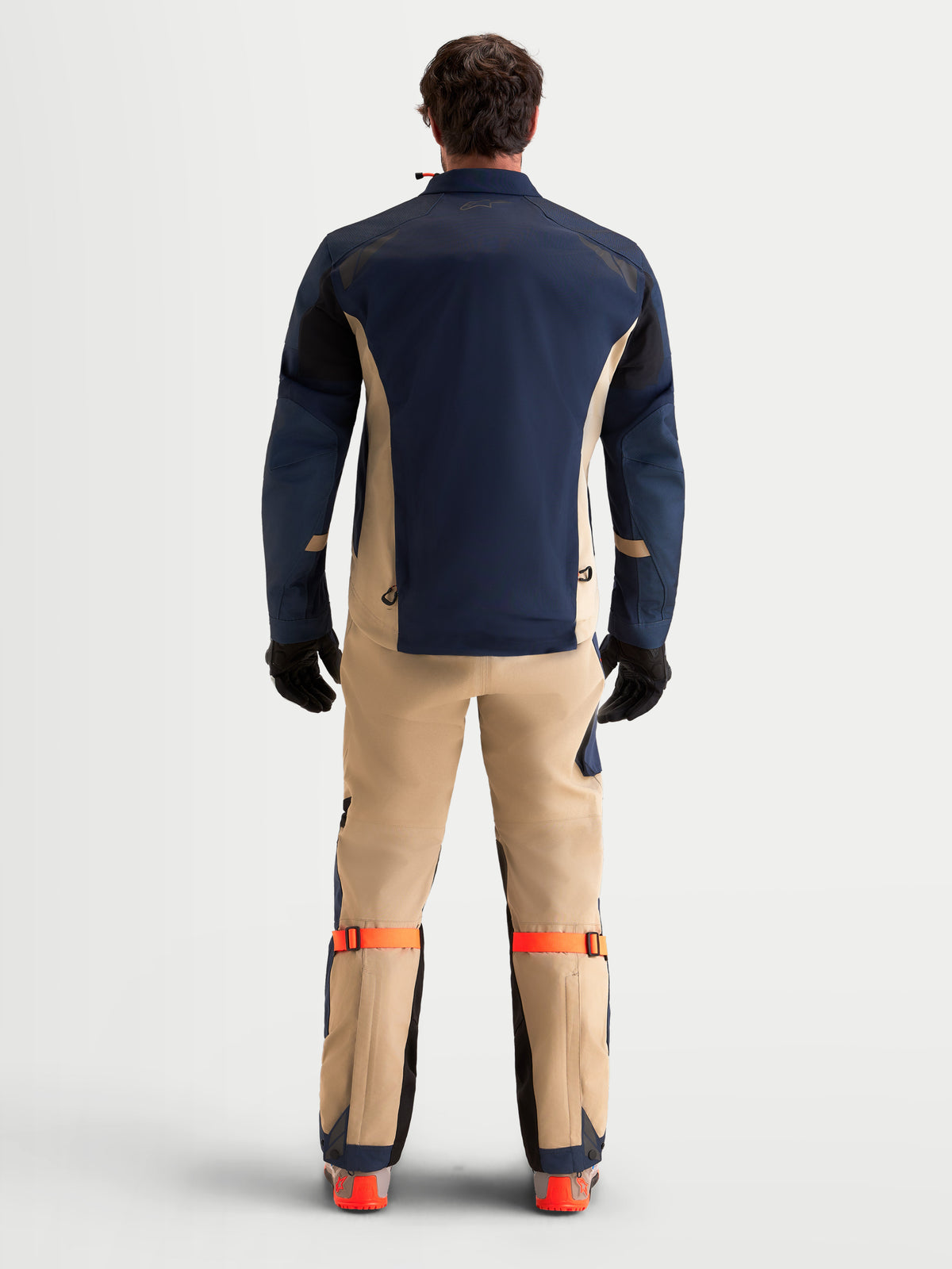 Alpinestars Arenis Gore-Tex Jacket, men's adventure touring motorcycle jacket in night navy and aluminum, rear view showing waterproof textile construction and articulated sleeves.