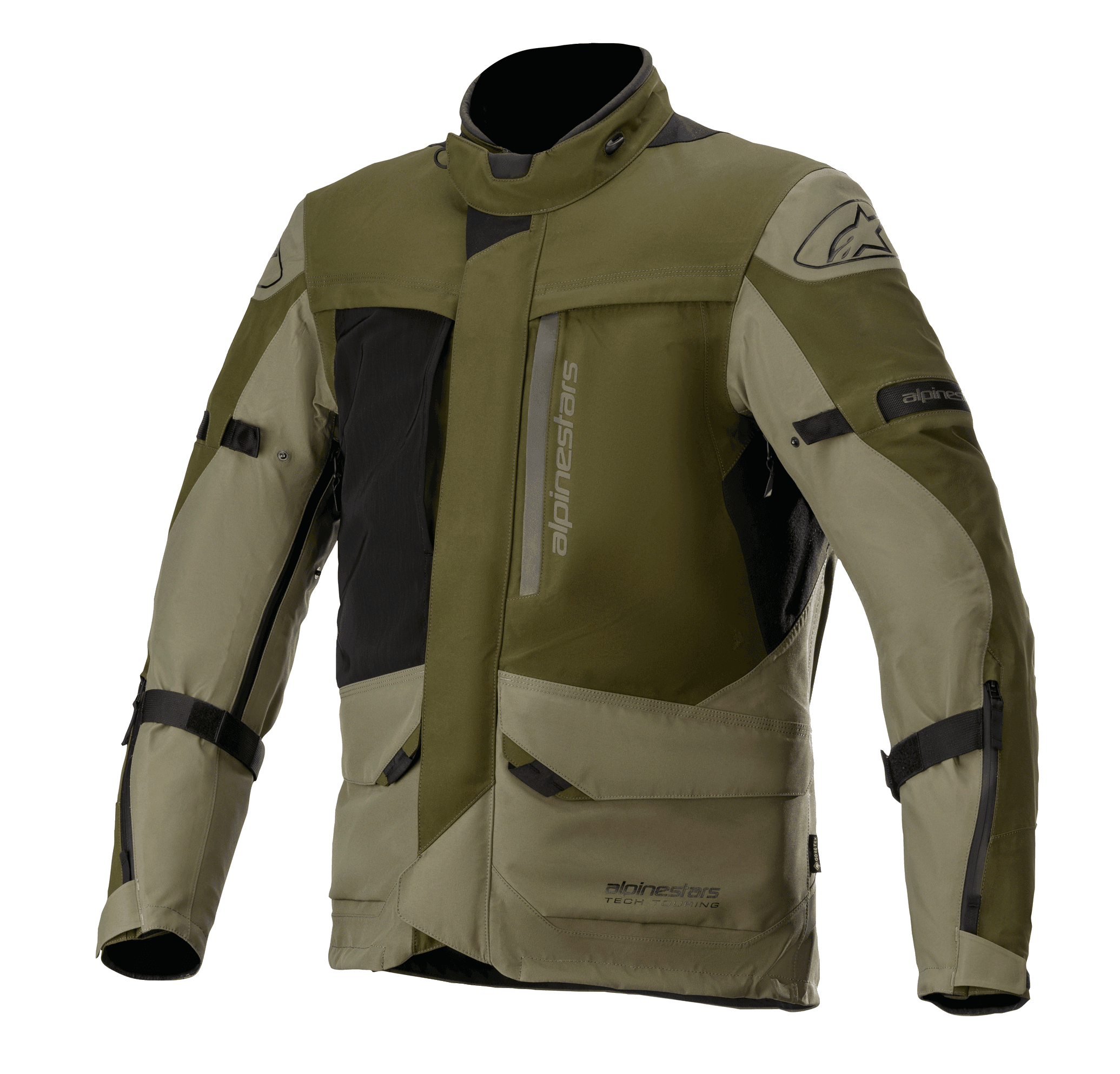 Alpinestars Altamira GORE-TEX Jacket, Motorcycle Touring Jacket, Forest Military Green and Olive with Black accents, multiple front utility pockets and zippers, adjustable arm straps, high collar, waterproof technical construction for adventure riding