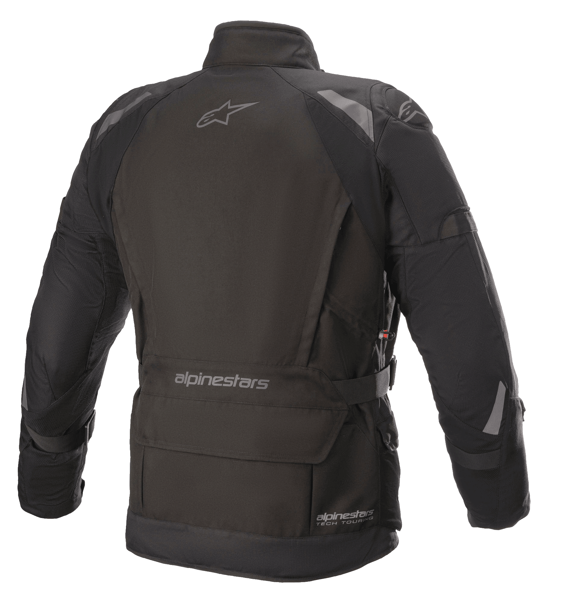 Chaqueta Alpinestars Ketchum GORE-TEX, chaqueta de moto, negro, vista trasera con un corte touring alargado, detalles reflectantes en los hombros y los brazos, con logotipos de Alpinestars en la parte superior de la espalda y en la zona inferior de la cintura.