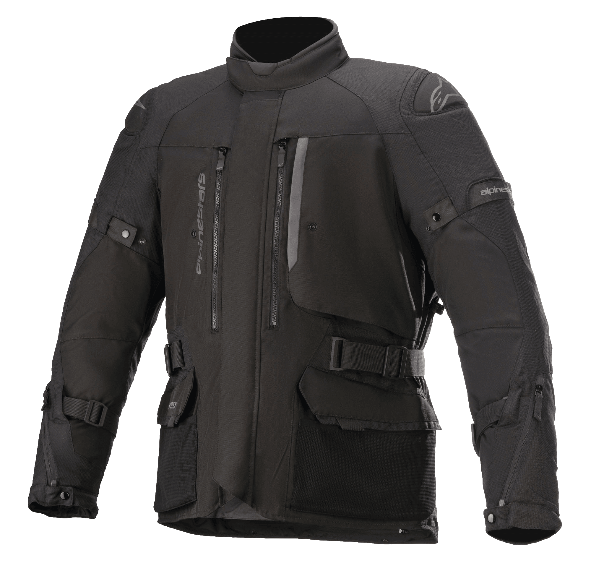 Alpinestars Ketchum GORE-TEX Jacket, chaqueta de moto touring negra, con cuello alto, múltiples ventilaciones con cremallera y amplios bolsillos de carga, correas ajustables en mangas y cintura, paneles de hombros reforzados y construcción textil duradera para conducción de aventura