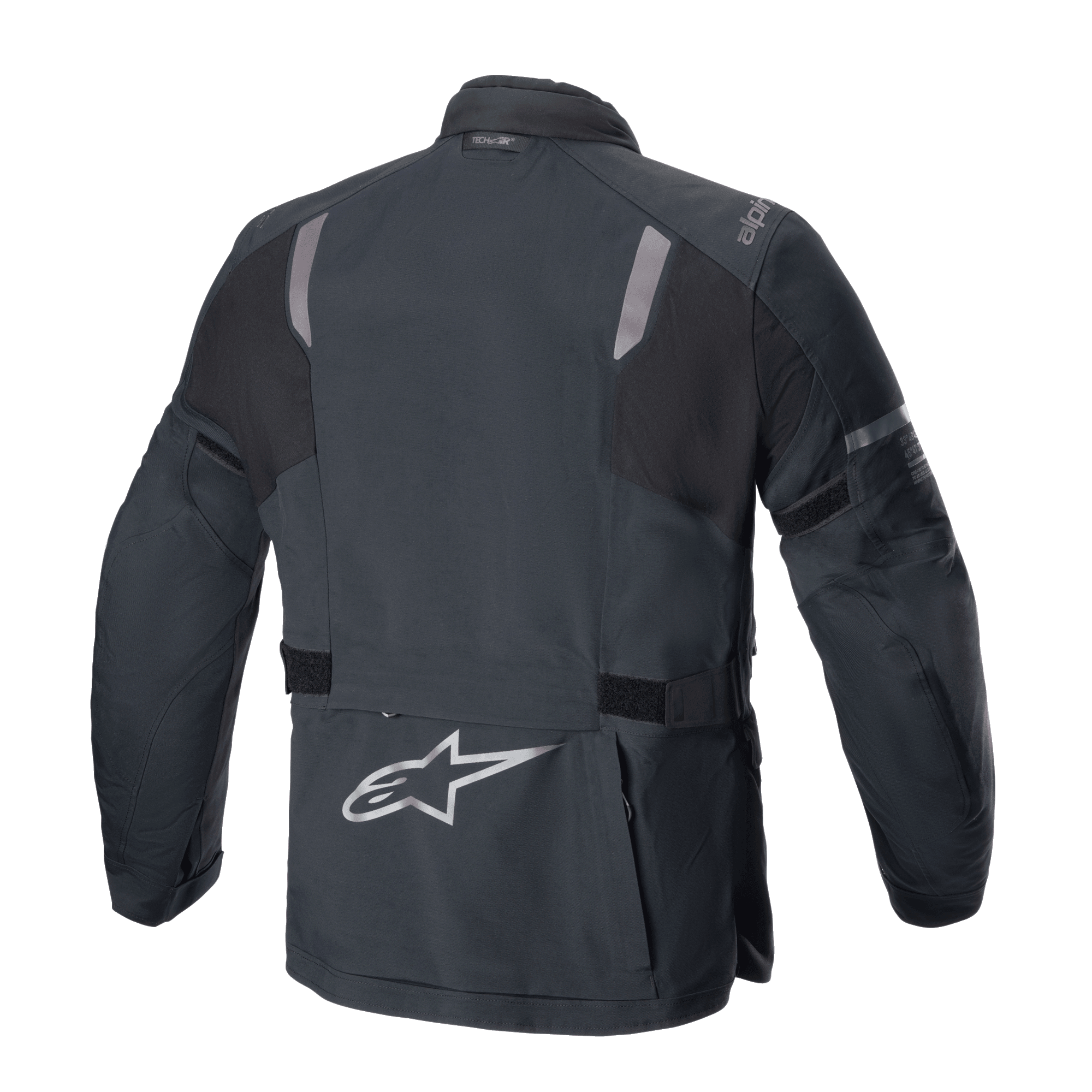 Chaqueta Alpinestars ST-7 2L GORE-TEX, vista trasera, negro y gris oscuro, con paneles reflectantes en los hombros, logotipo plateado de la estrella Alpinestars en la parte inferior de la espalda y correas de ajuste en la cintura, equipamiento de aventura para motociclismo