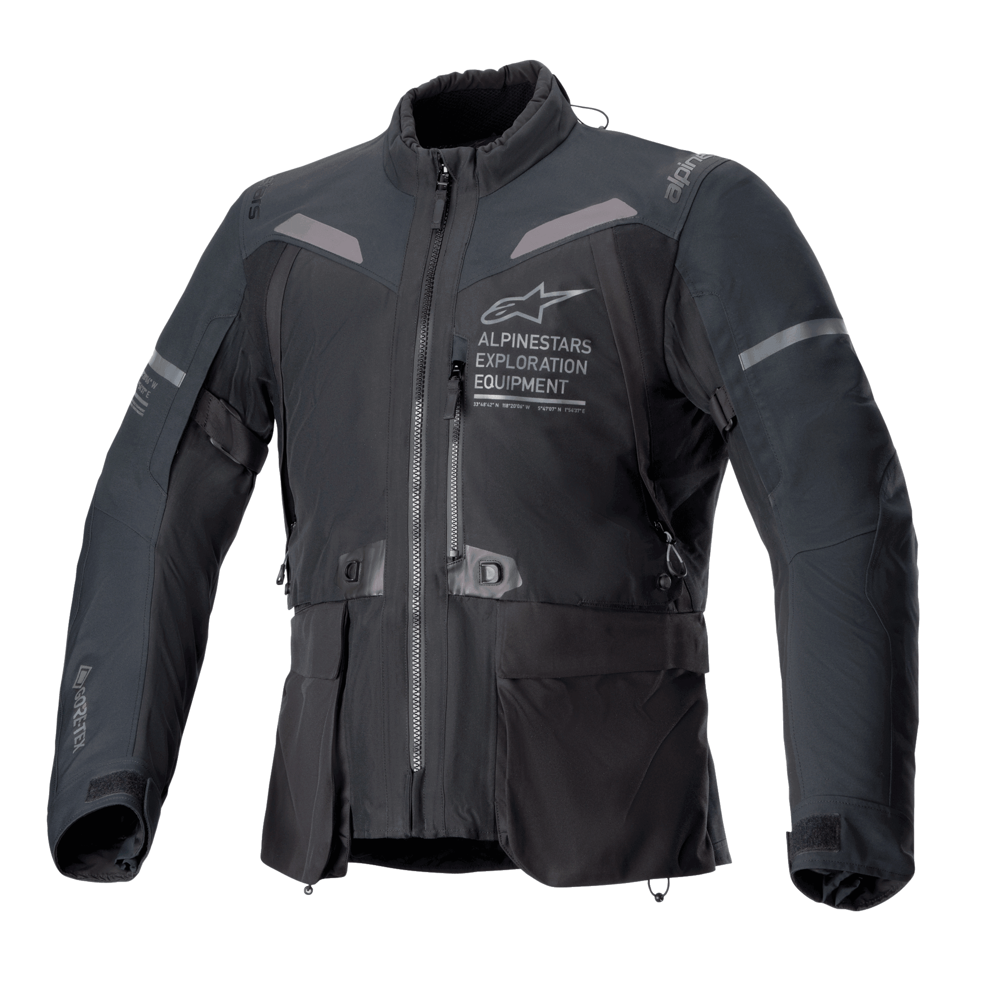 Chaqueta Alpinestars ST-7 2L GORE-TEX, chaqueta de moto en color negro y gris oscuro, vista frontal con grandes bolsillos cargo, detalles reflectantes en los hombros y logotipo Alpinestars Exploration Equipment en el pecho, equipamiento de touring de aventura impermeable
