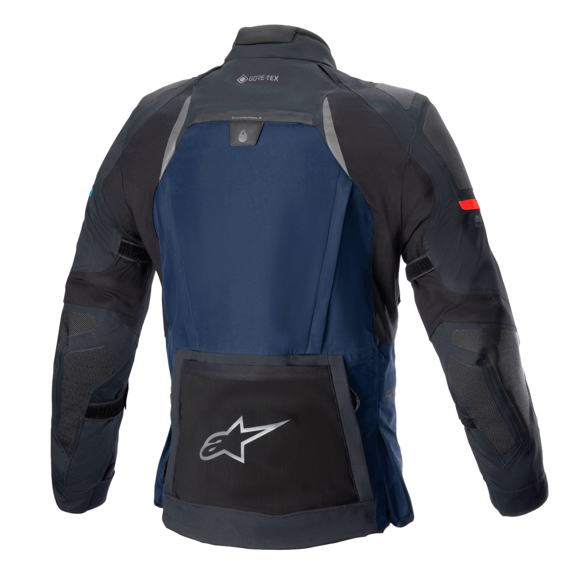 Alpinestars Boulder GORE-TEX Jacket, Technical Touring Motorcycle Jacket, Dark Blue and Black, back view featuring a large rear utility pocket with silver star logo, hydration compartment, and GORE-TEX branding on the collar.