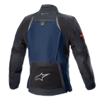 Alpinestars Boulder GORE-TEX Jacket, Technical Touring Motorcycle Jacket, Dark Blue and Black, back view featuring a large rear utility pocket with silver star logo, hydration compartment, and GORE-TEX branding on the collar.
