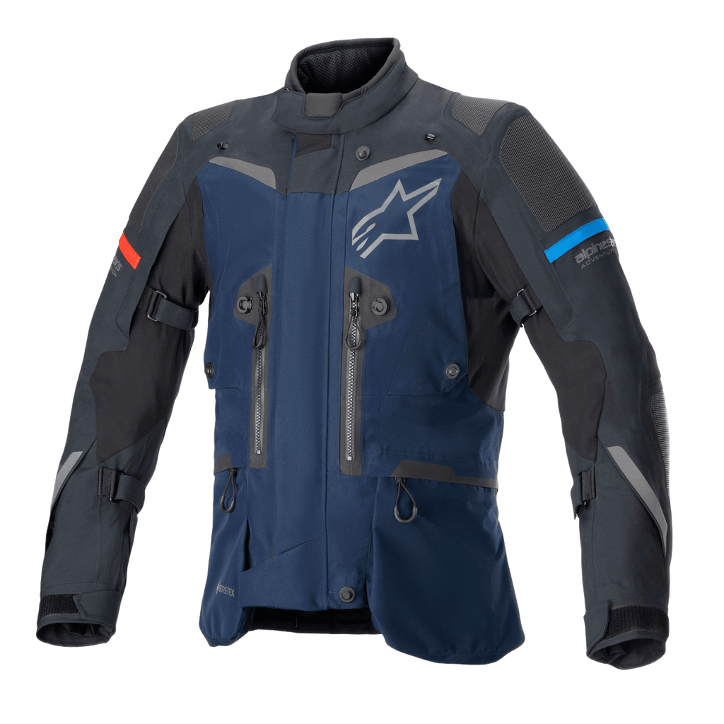 Alpinestars Boulder GORE-TEX Jacket, Dark Blue and Black Adventure Touring Jacket, waterproof textile construction, white star logo on chest, red and light blue sleeve accents, multiple ventilation zippers and adjustment straps, durable technical gear for all-weather riding