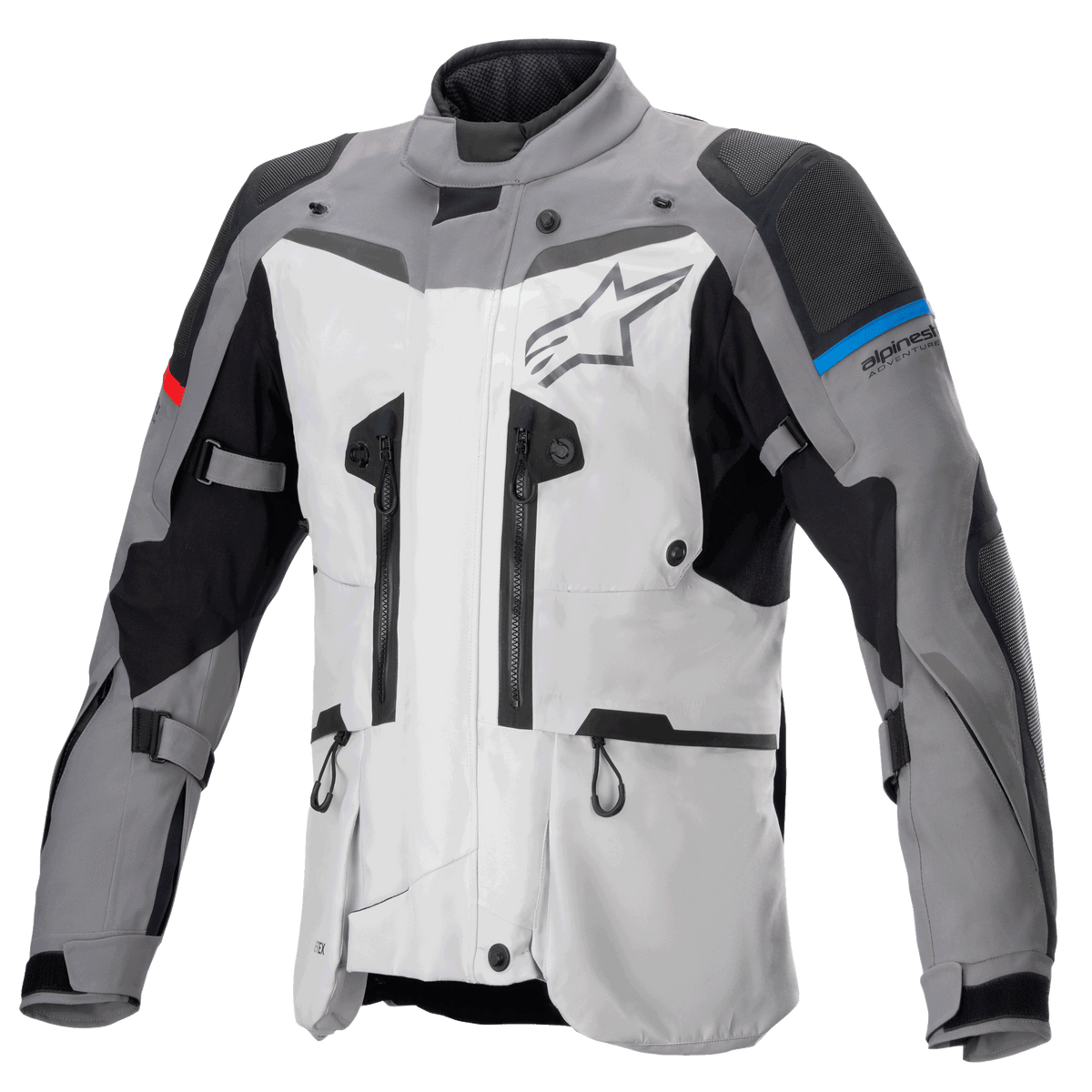 Alpinestars Boulder GORE-TEX Jacket, adventure touring motorcycle jacket, Dark Gray and Ice Gray, featuring multiple ventilation zippers, reinforced shoulder and elbow panels with blue and red accents, large Alpinestars logo on the chest, high-performance waterproof technical gear