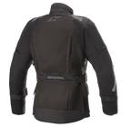 Alpinestars Women Stella Ketchum GORE-TEX Jacket, Textile Motorcycle Jacket, Black, back view featuring the Alpinestars logo, adjustable waist strap with branding, and reflective shoulder and sleeve panels for rider visibility.
