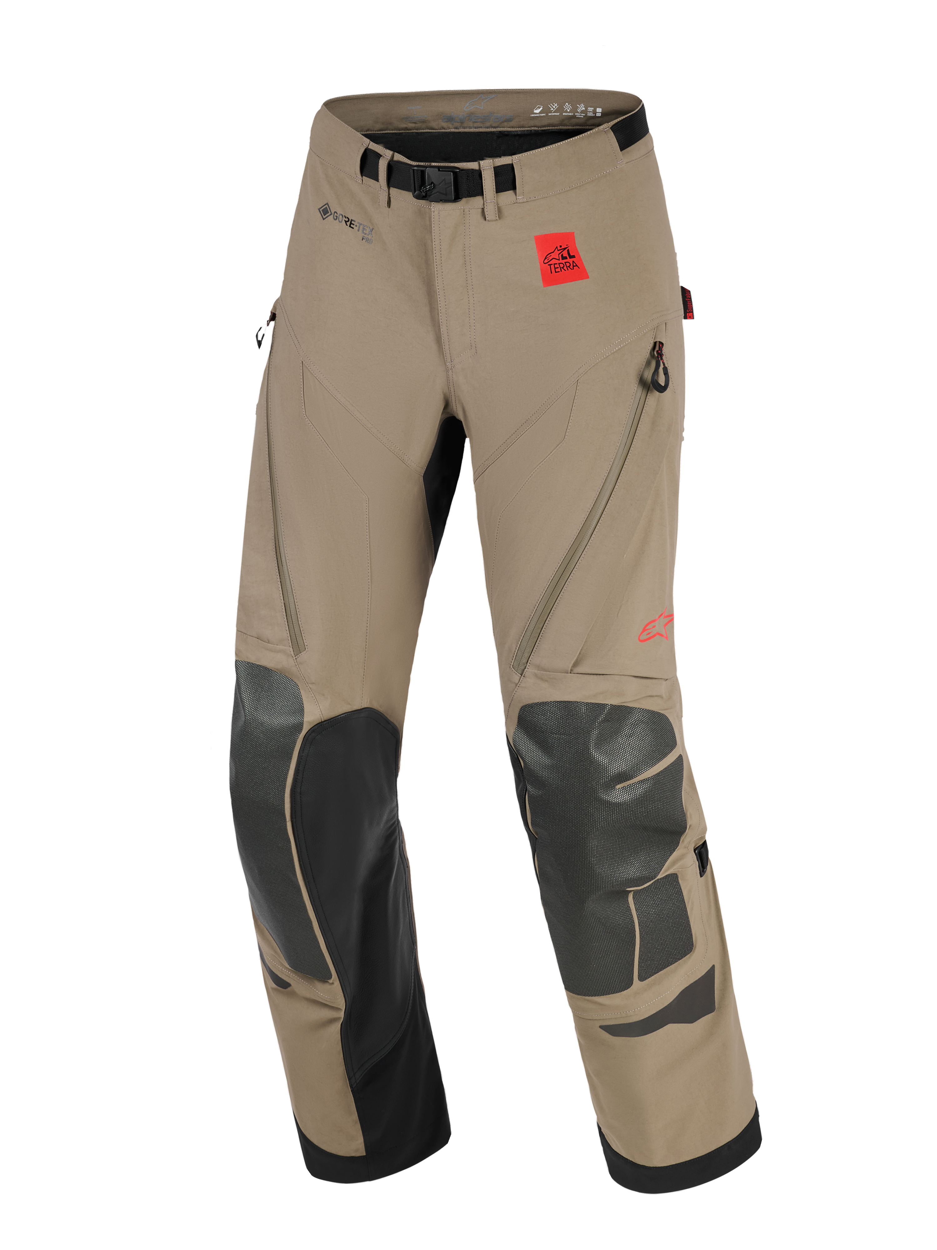 Alpinestars Nazca 3L GORE-TEX PRO Pants, Adventure Motorcycle Pants, Walnut and Black, featuring a red All Terra logo patch, GORE-TEX PRO branding, black Superfabric knee and shin reinforcements, zippered thigh ventilation, and an integrated belt with a magnetic buckle.