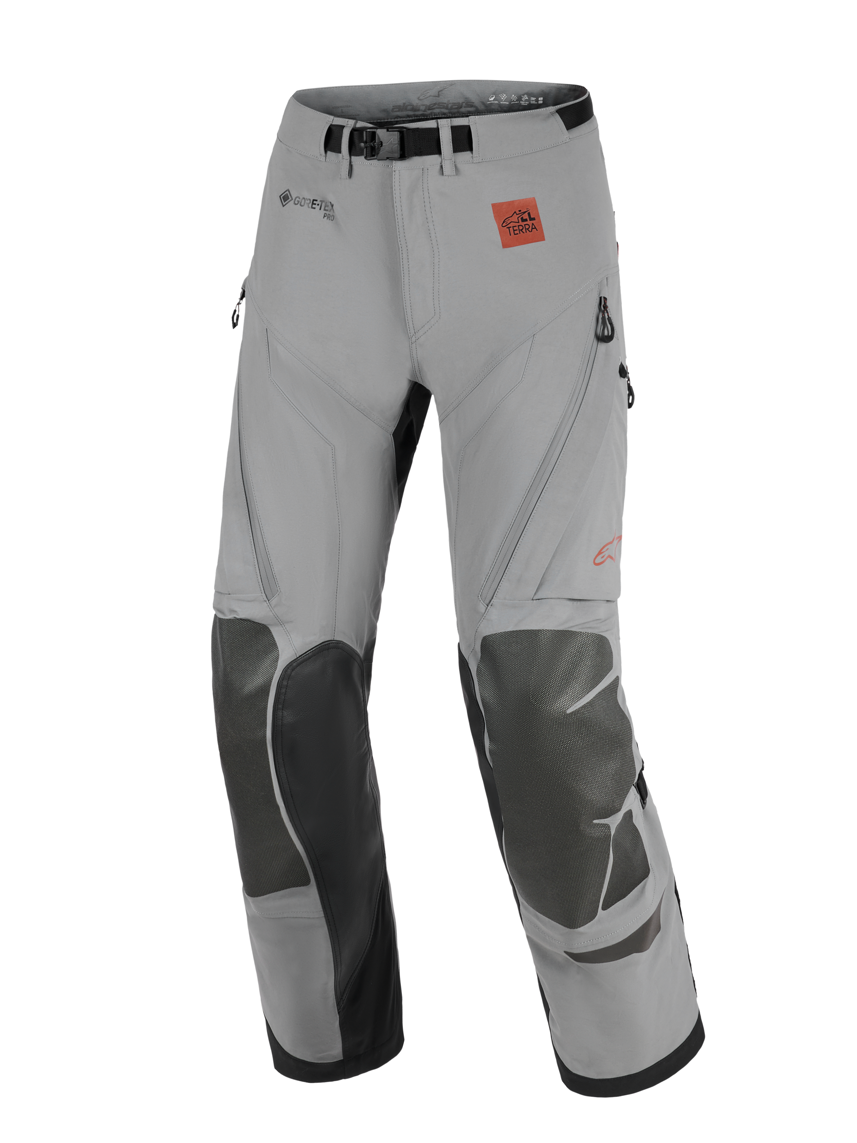 Pantalones Alpinestars Nazca 3L GORE-TEX PRO, pantalones de moto de aventura, gris oscuro y negro, con paneles reforzados en las rodillas, logotipos de GORE-TEX PRO y All Terra, diseño técnico para off-road y touring