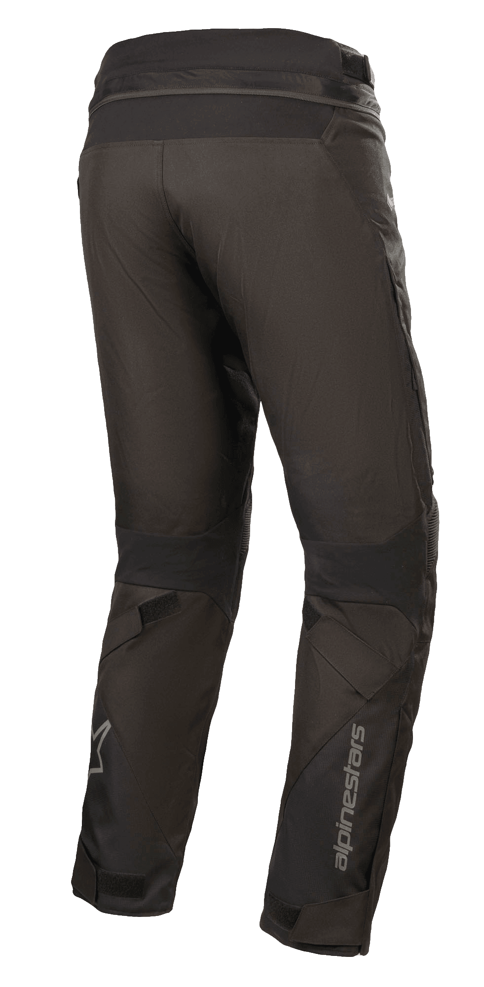 Pantalones Alpinestars Road Pro GORE-TEX, pantalones de moto negros, vista trasera con ajuste touring cónico, construcción en tejido técnico, marca Alpinestars en la parte inferior de la pierna, paneles elásticos de acordeón y correas ajustables para adventure touring