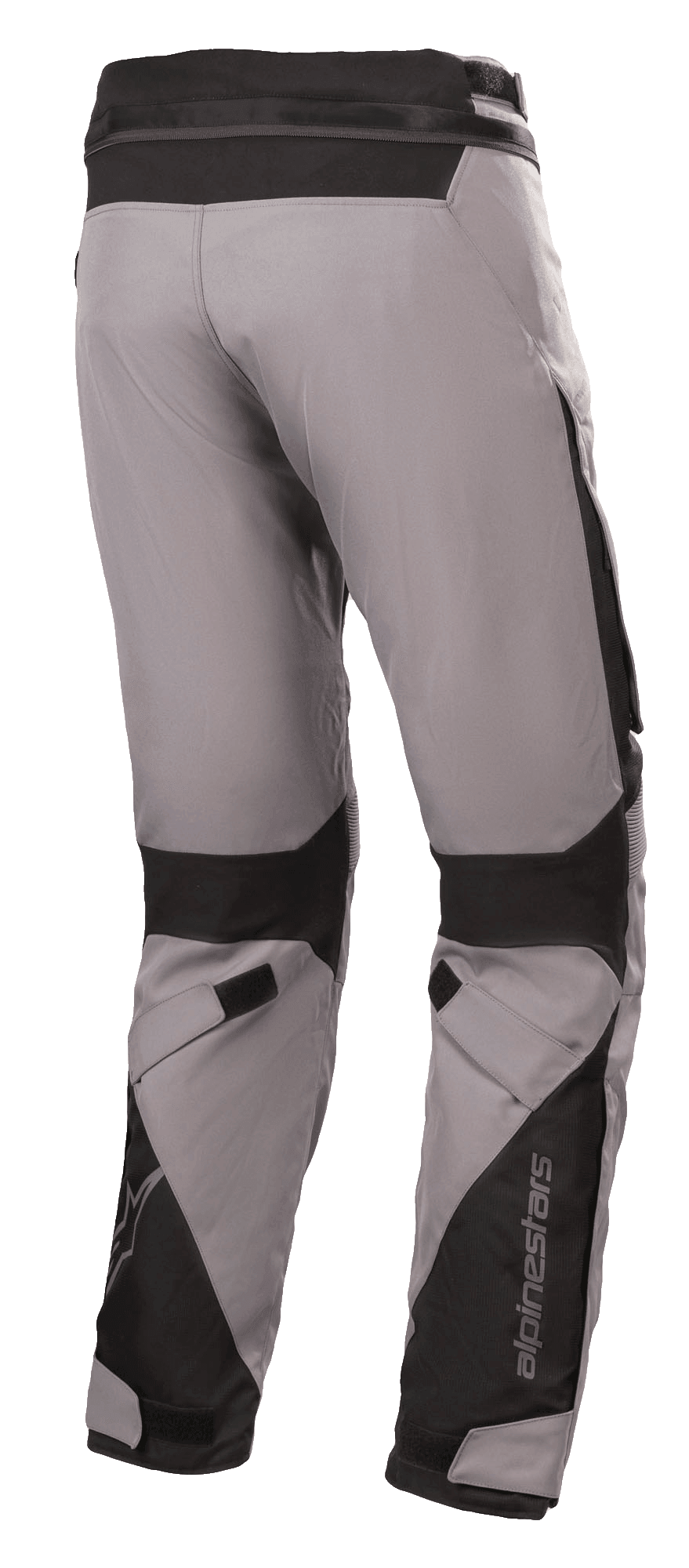 Pantalones Alpinestars Road Pro GORE-TEX, pantalones de moto touring, gris oscuro y negro, vista trasera con confección en tejido técnico, refuerzos de nailon balístico negro, correas ajustables en las rodillas y los tobillos, y logotipo de Alpinestars.