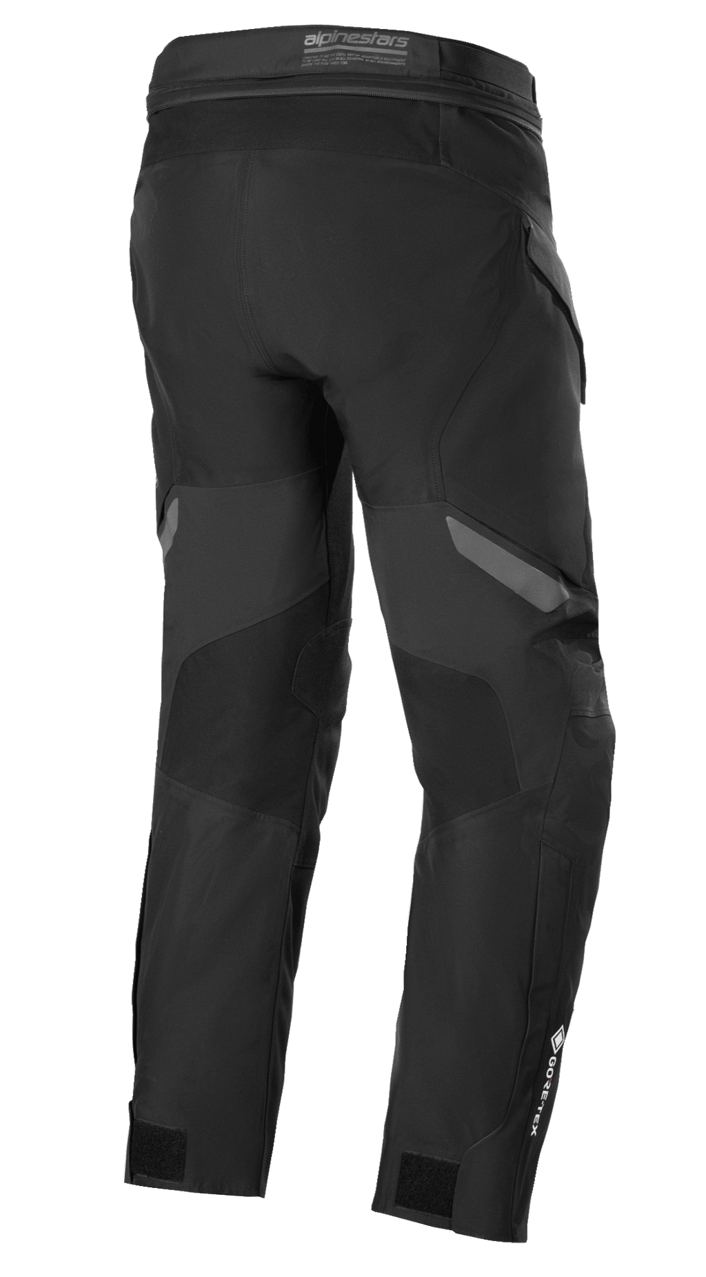 Pantalones Alpinestars ST-7 2L GORE-TEX, negro y gris oscuro, vista trasera, pantalones impermeables para motociclismo adventure touring con paneles reforzados, logotipo de GORE-TEX en la parte inferior de la pierna y correas de ajuste en los tobillos