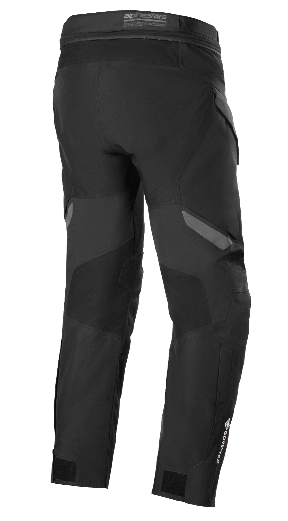 Pantalones Alpinestars ST-7 2L GORE-TEX, negro y gris oscuro, vista trasera, pantalones impermeables para motociclismo adventure touring con paneles reforzados, logotipo de GORE-TEX en la parte inferior de la pierna y correas de ajuste en los tobillos