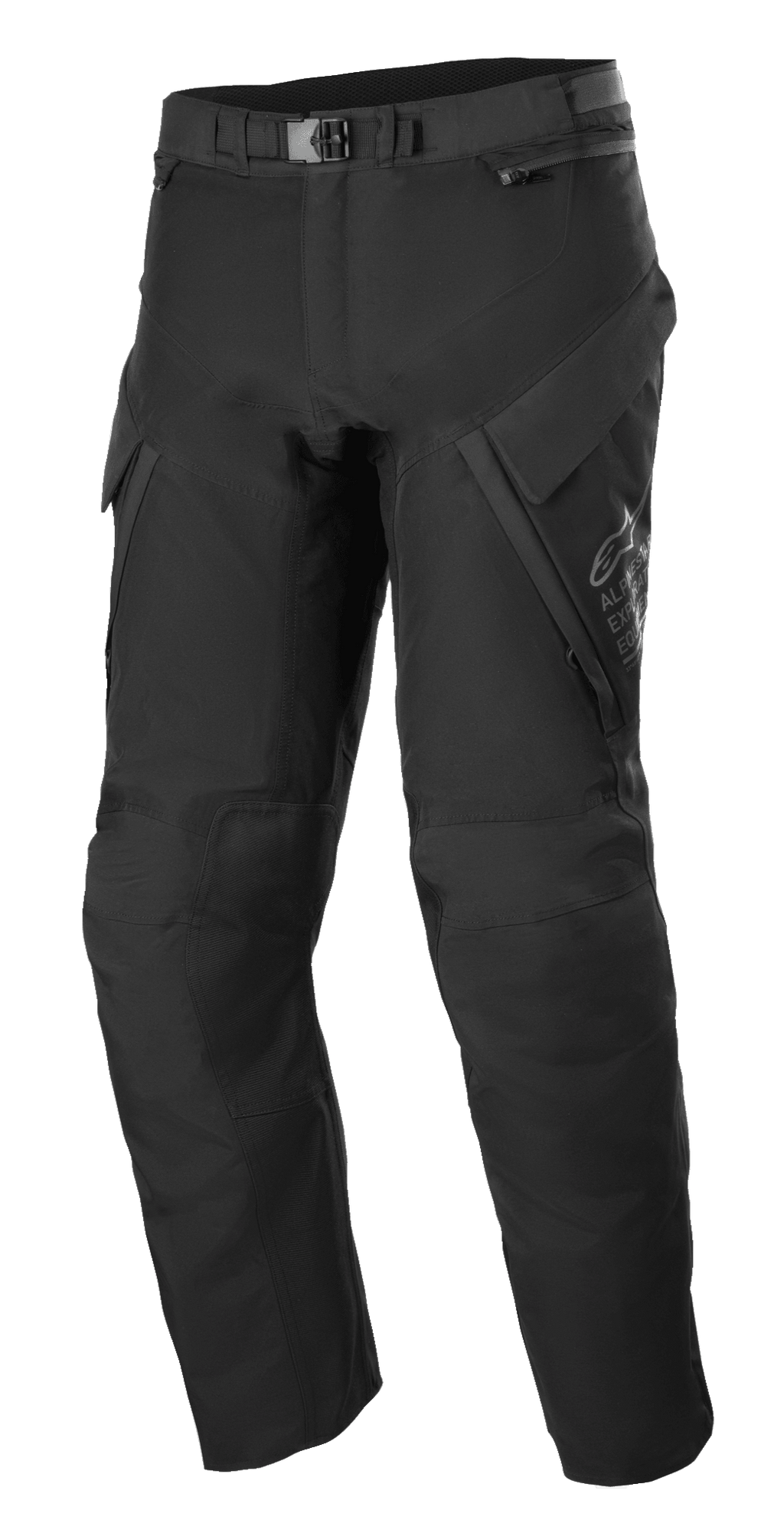 Pantalones Alpinestars ST-7 2L GORE-TEX, pantalones adventure touring, negro y gris oscuro, con grandes bolsillos cargo, cierre de hebilla magnética en la cintura, secciones reforzadas en las rodillas y construcción textil técnica para protección en cualquier condición climática
