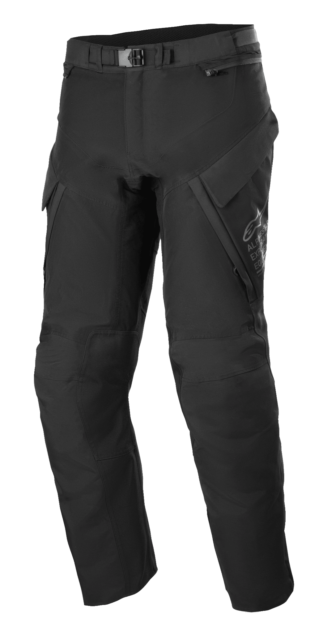 Pantalones Alpinestars ST-7 2L GORE-TEX, pantalones adventure touring, negro y gris oscuro, con grandes bolsillos cargo, cierre de hebilla magnética en la cintura, secciones reforzadas en las rodillas y construcción textil técnica para protección en cualquier condición climática