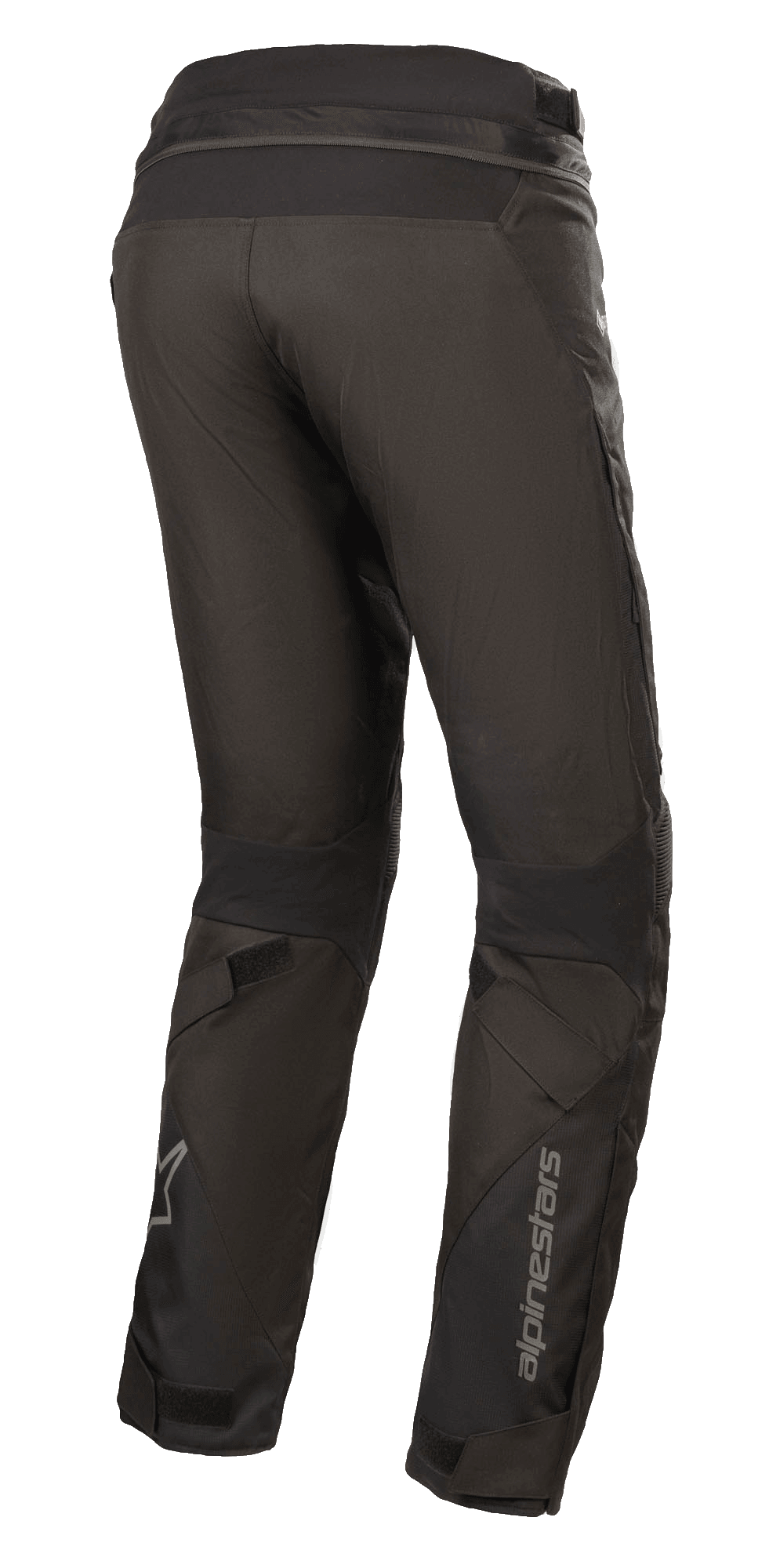 Pantalones Alpinestars Stella Road Pro GORE-TEX para mujer, negros, vista trasera de tres cuartos, pantalones técnicos de moto con marca Alpinestars reflectante en la parte inferior de la pierna, con ajuste cónico, ajustadores de velcro y cremallera de conexión en la cintura para touring de aventura