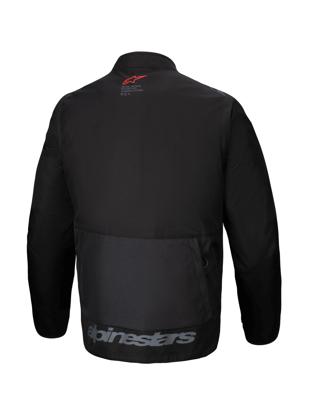 Chaqueta Alpinestars Pro-Dura, vista trasera, chaqueta textil de enduro negra, bolsillo de carga trasero grande, logotipo de estrella roja en el cuello, marca Alpinestars en gris en el dobladillo inferior, diseño robusto para off-road