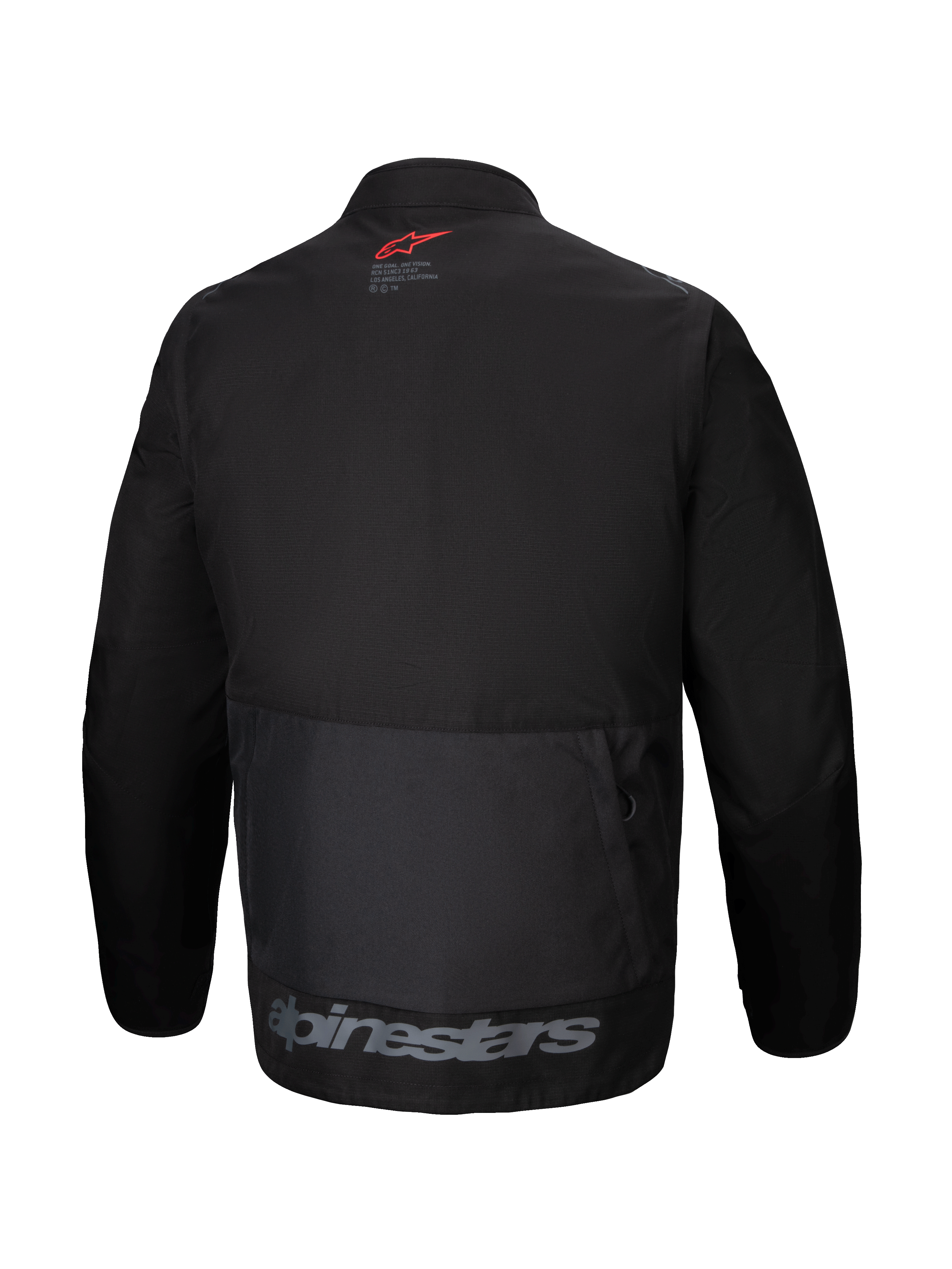 Chaqueta Alpinestars Pro-Dura, vista trasera, chaqueta textil de enduro negra, bolsillo de carga trasero grande, logotipo de estrella roja en el cuello, marca Alpinestars en gris en el dobladillo inferior, diseño robusto para off-road