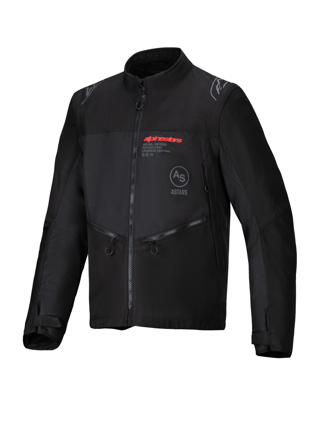 Chaqueta Alpinestars Pro-Dura, negra, chaqueta de motociclismo para todoterreno con tejido ripstop resistente, logo de Alpinestars rojo en el pecho, bolsillos con cremallera inclinados y detalles del logo de la estrella en los hombros