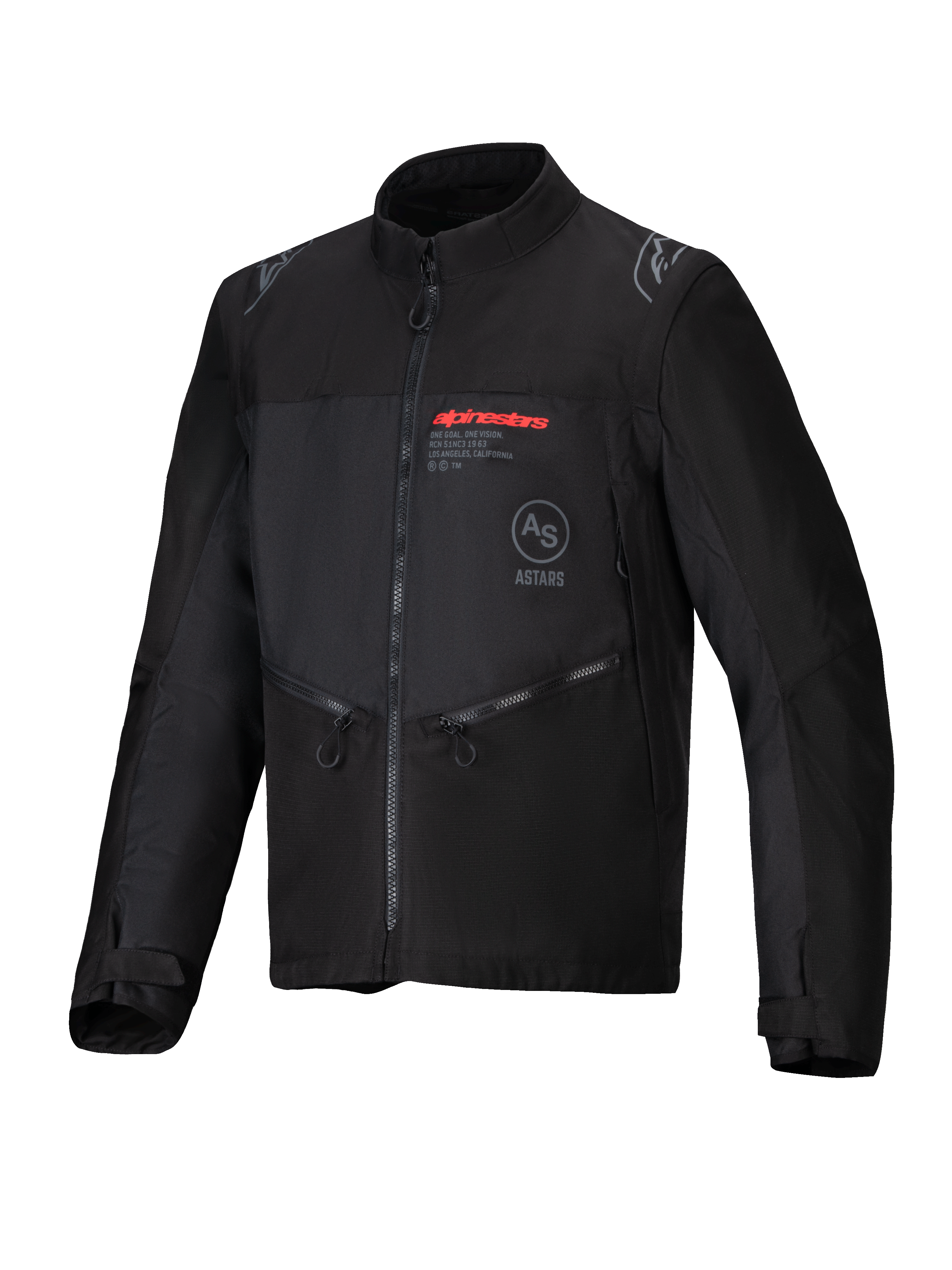 Chaqueta Alpinestars Pro-Dura, negra, chaqueta de motociclismo para todoterreno con tejido ripstop resistente, logo de Alpinestars rojo en el pecho, bolsillos con cremallera inclinados y detalles del logo de la estrella en los hombros