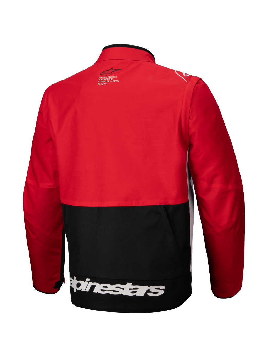 Alpinestars Pro-Dura Jacket, chaqueta de enduro off-road, negro, rojo brillante y blanco, vista trasera, con la parte superior y mangas en rojo y panel inferior negro, logotipo de Alpinestars blanco en el dobladillo inferior, construcción de tejido ripstop resistente para conducción agresiva en senderos.