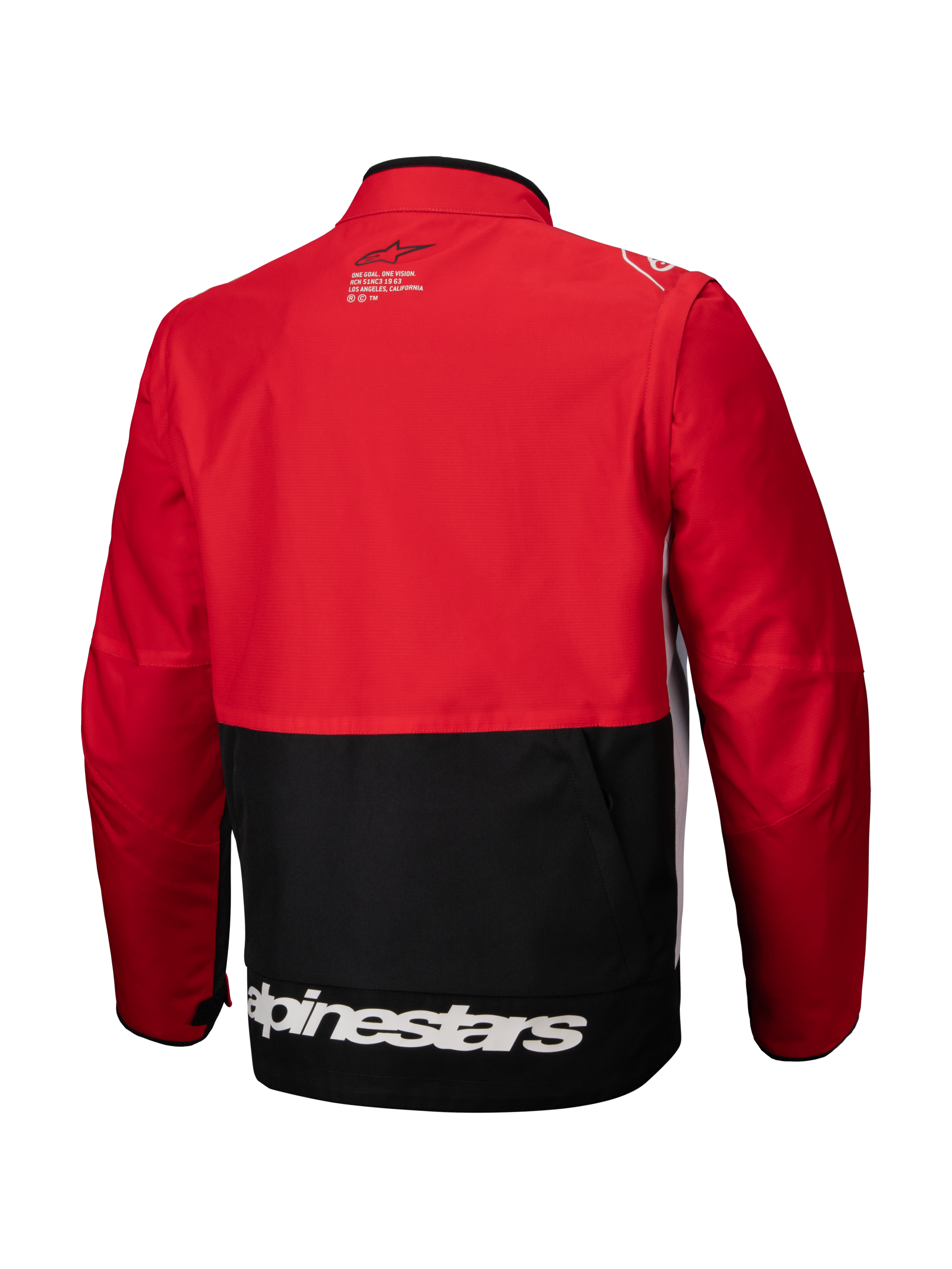 Alpinestars Pro-Dura Jacket, chaqueta de enduro off-road, negro, rojo brillante y blanco, vista trasera, con la parte superior y mangas en rojo y panel inferior negro, logotipo de Alpinestars blanco en el dobladillo inferior, construcción de tejido ripstop resistente para conducción agresiva en senderos.