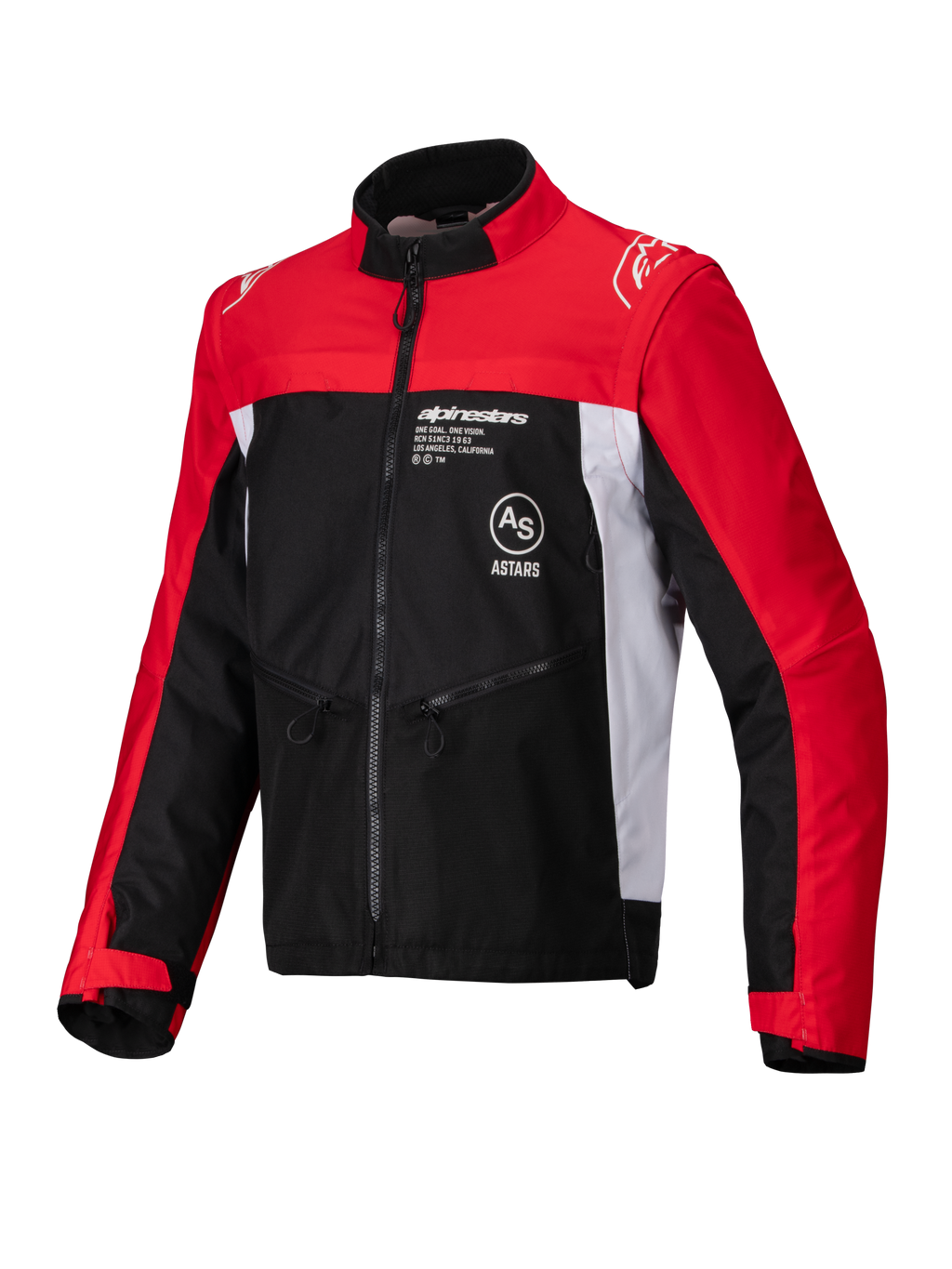 Chaqueta Alpinestars Pro-Dura, chaqueta de motociclismo off-road, color negro, rojo brillante y blanco, con cuello alto, cremallera frontal y construcción de tejido ripstop, con mangas rojas, paneles laterales blancos y logotipo de Alpinestars en el pecho.