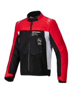 Chaqueta Alpinestars Pro-Dura, chaqueta de motociclismo off-road, color negro, rojo brillante y blanco, con cuello alto, cremallera frontal y construcción de tejido ripstop, con mangas rojas, paneles laterales blancos y logotipo de Alpinestars en el pecho.