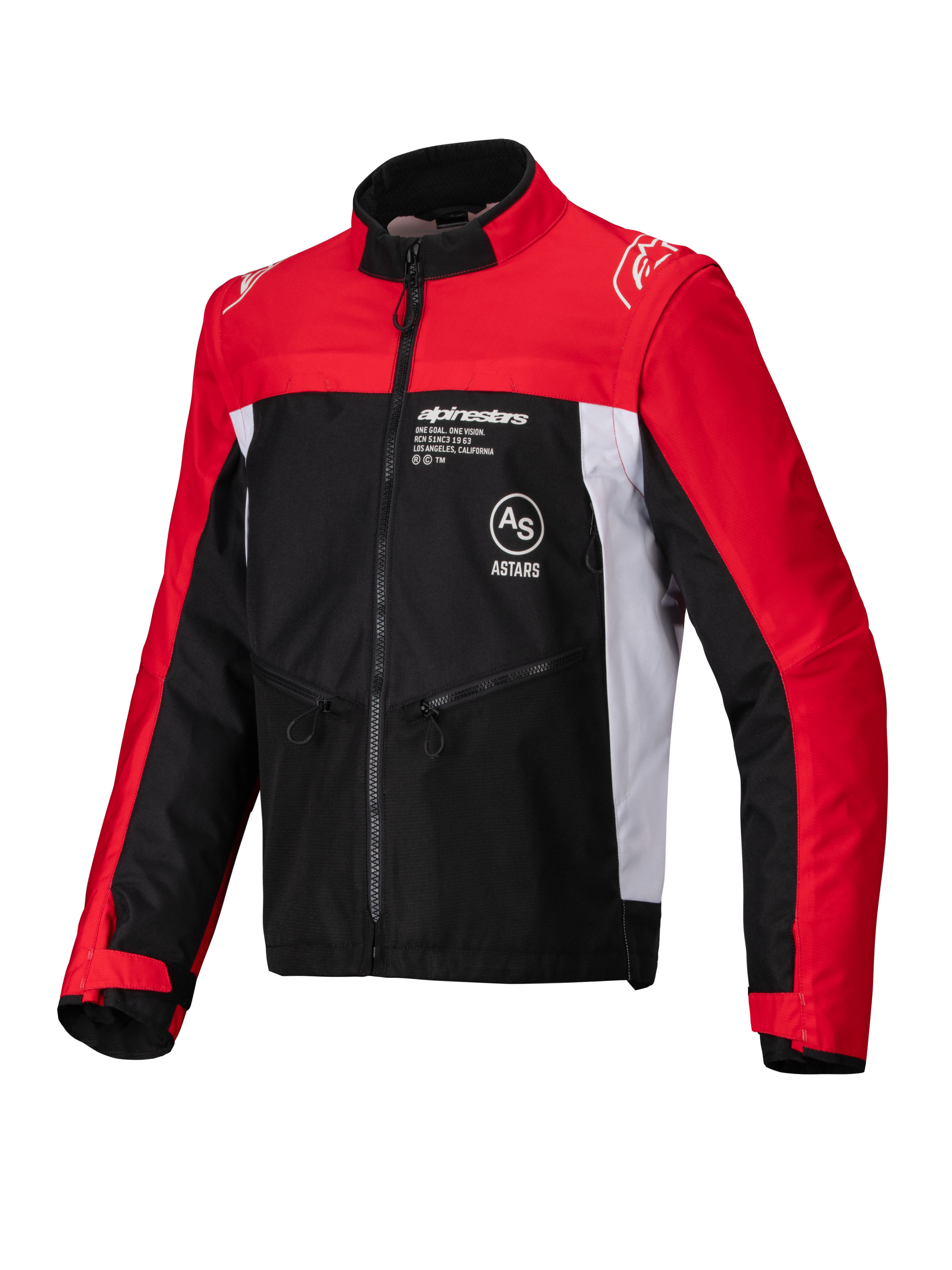 Chaqueta Alpinestars Pro-Dura, chaqueta de motociclismo off-road, color negro, rojo brillante y blanco, con cuello alto, cremallera frontal y construcción de tejido ripstop, con mangas rojas, paneles laterales blancos y logotipo de Alpinestars en el pecho.