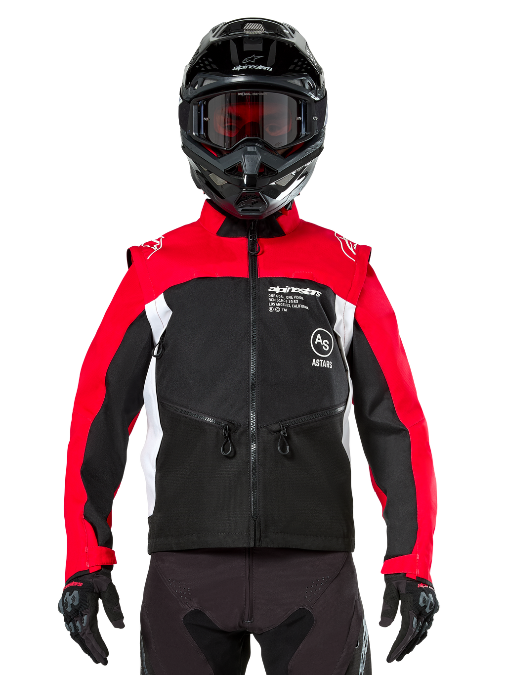 Chaqueta Alpinestars Pro-Dura, chaqueta de motociclismo off-road, negro, rojo brillante y blanco, usada por un piloto con casco de motocross negro y gafas, con construcción duradera de ripstop y paneles laterales blancos, diseñada para conducción de enduro y trail