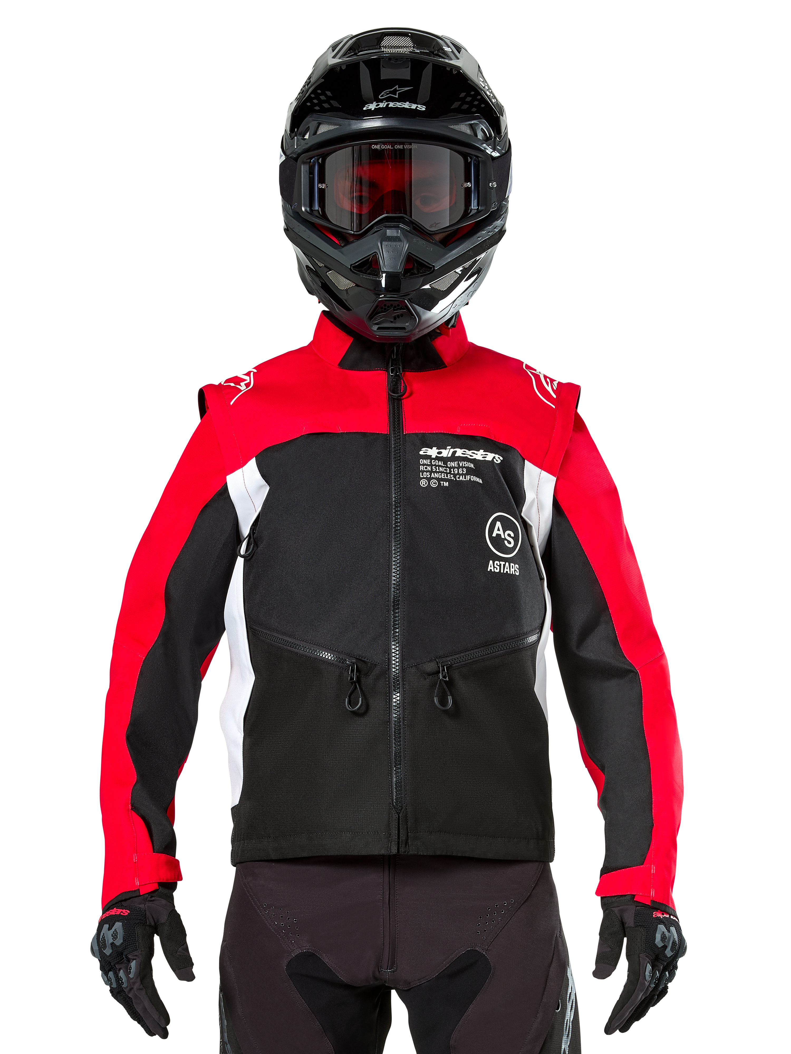 Chaqueta Alpinestars Pro-Dura, chaqueta de motociclismo off-road, negro, rojo brillante y blanco, usada por un piloto con casco de motocross negro y gafas, con construcción duradera de ripstop y paneles laterales blancos, diseñada para conducción de enduro y trail
