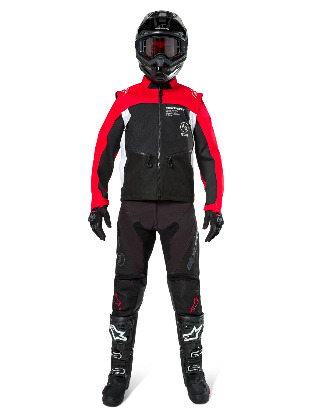 Piloto de motocross con equipamiento completo para off-road, chaqueta Alpinestars Pro-Dura en negro, rojo brillante y blanco, pantalones negros con detalles rojos, casco negro con gafas rojas, botas negras y blancas, atuendo coordinado para enduro y trail