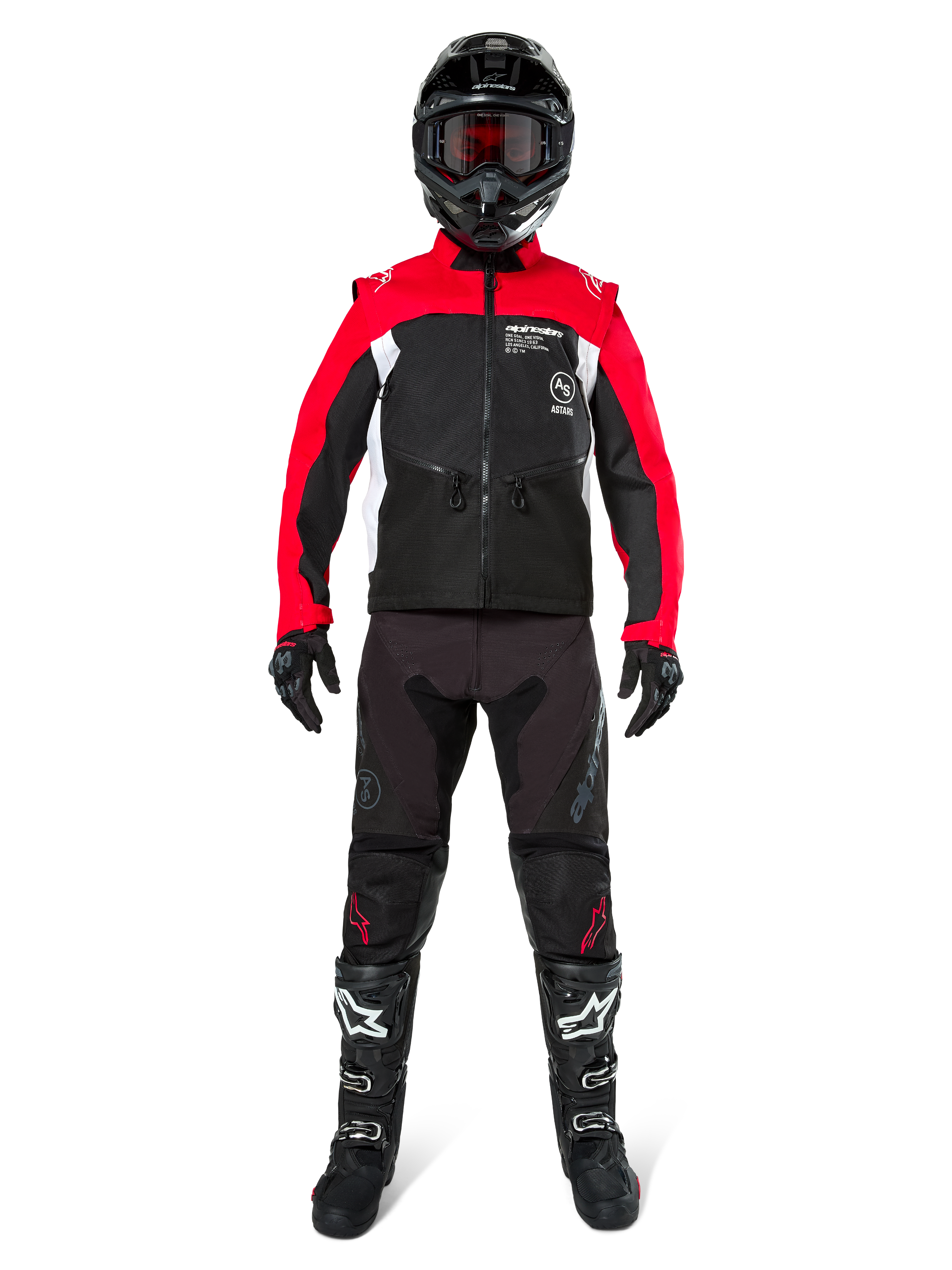 Piloto de motocross con equipamiento completo para off-road, chaqueta Alpinestars Pro-Dura en negro, rojo brillante y blanco, pantalones negros con detalles rojos, casco negro con gafas rojas, botas negras y blancas, atuendo coordinado para enduro y trail