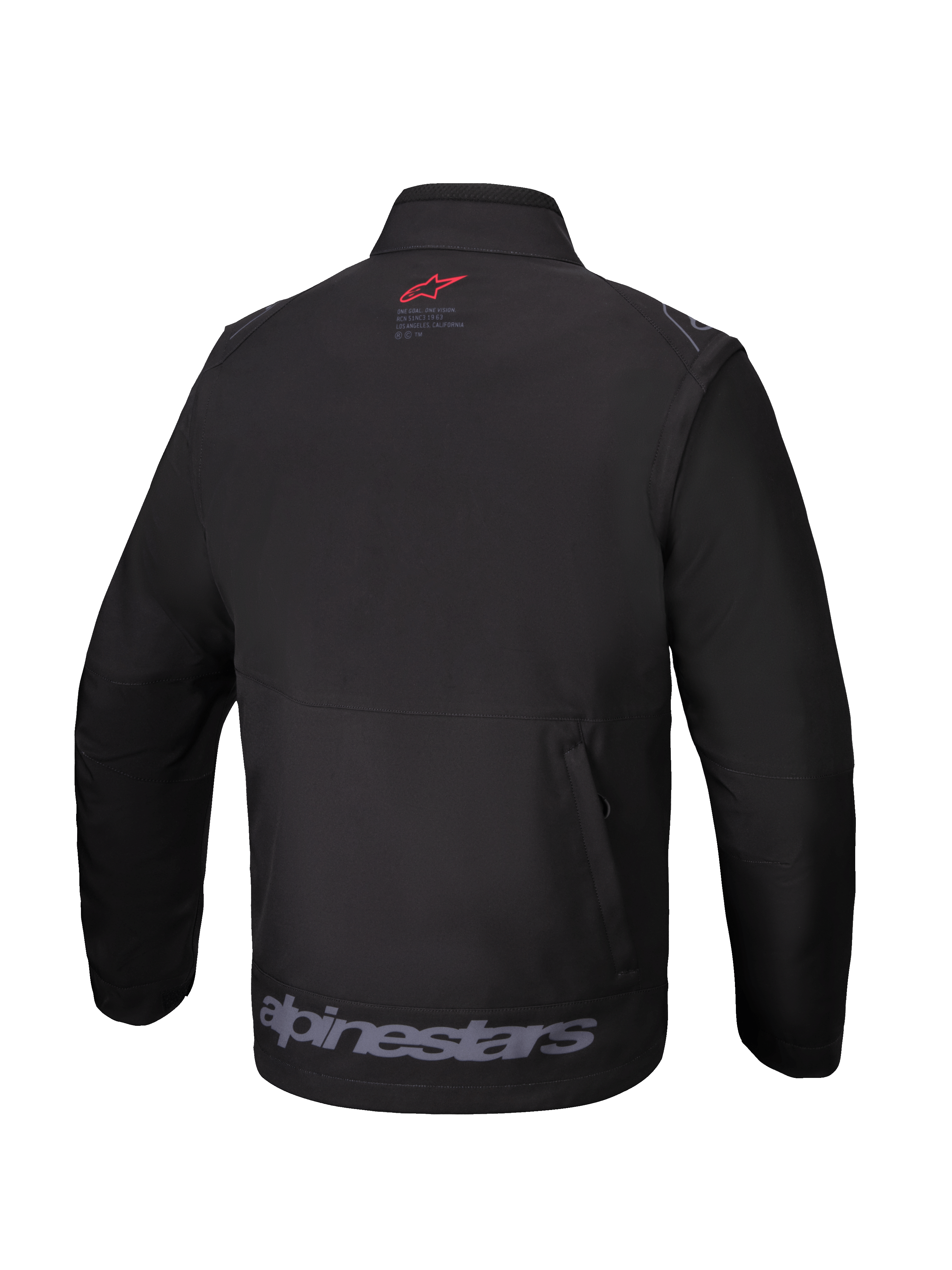 Chaqueta Softshell Alpinestars Lite-Dura, color negro, vista trasera, con un pequeño logotipo rojo en el cuello, una gran marca denominativa de Alpinestars en gris en el dobladillo inferior y un bolsillo trasero de almacenamiento con cremallera vertical, equipamiento técnico off-road para enduro y motocross.