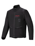 Chaqueta Softshell Alpinestars Lite-Dura, negra, chaqueta de motocross para enduro y off-road, con logotipo Alpinestars en rojo y logo AS ASTARS en el pecho, bolsillos laterales con cremallera y material softshell cortavientos