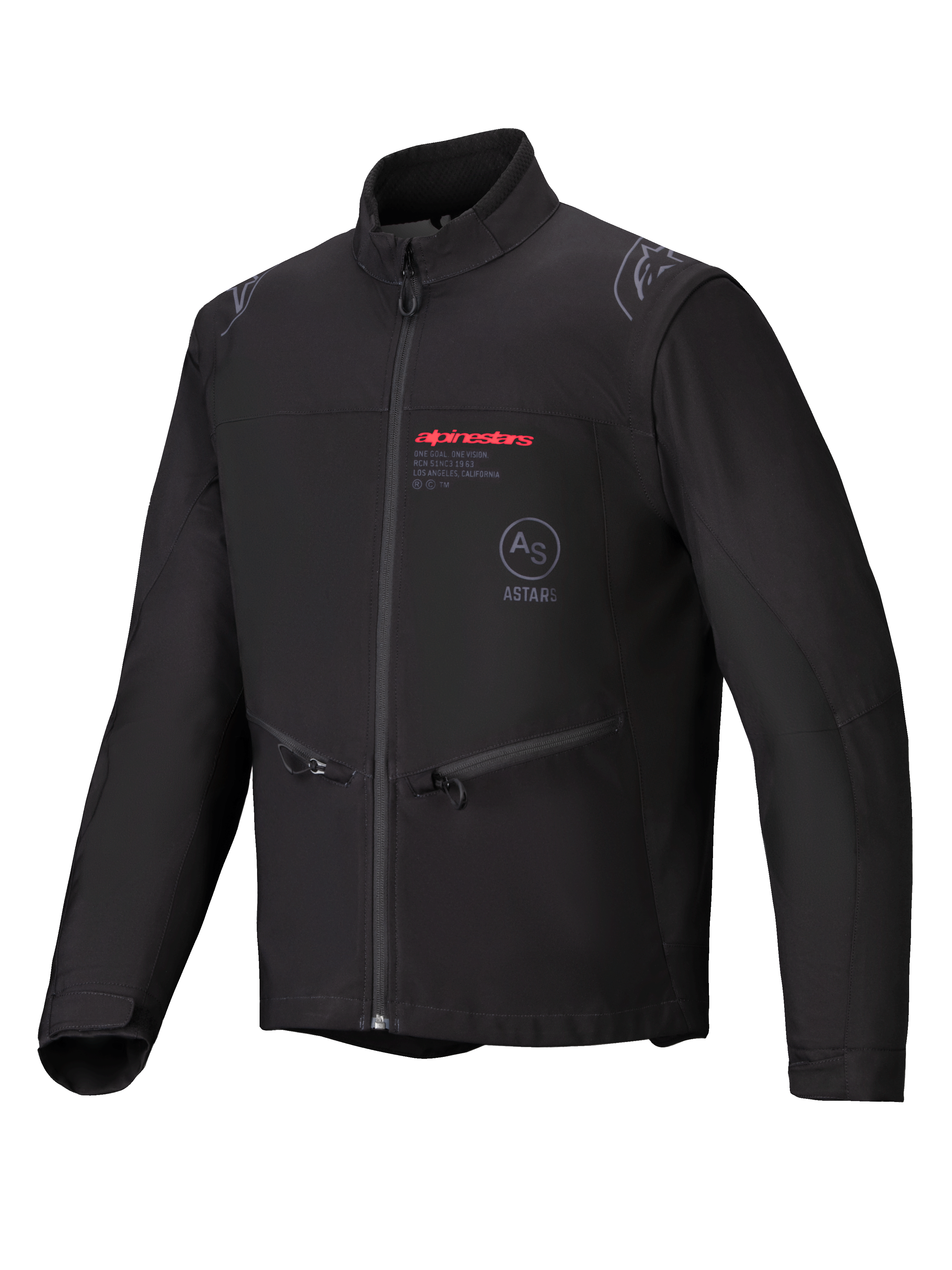 Chaqueta Softshell Alpinestars Lite-Dura, negra, chaqueta de motocross para enduro y off-road, con logotipo Alpinestars en rojo y logo AS ASTARS en el pecho, bolsillos laterales con cremallera y material softshell cortavientos