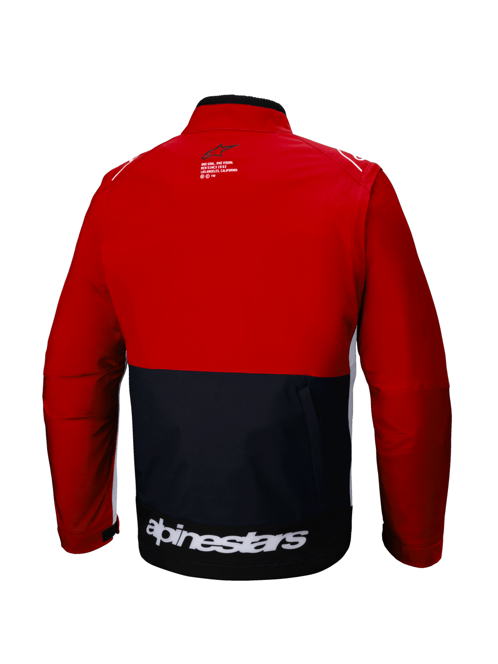 Alpinestars Lite-Dura Softshell Jacket, vista trasera, chaqueta de enduro off-road, negro y rojo brillante con detalles blancos, logotipo de Alpinestars en blanco en la parte inferior de la espalda, diseño de bloques de color, bolsillo trasero funcional, softshell modular para motocross y trail.