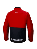 Alpinestars Lite-Dura Softshell Jacket, vista trasera, chaqueta de enduro off-road, negro y rojo brillante con detalles blancos, logotipo de Alpinestars en blanco en la parte inferior de la espalda, diseño de bloques de color, bolsillo trasero funcional, softshell modular para motocross y trail.