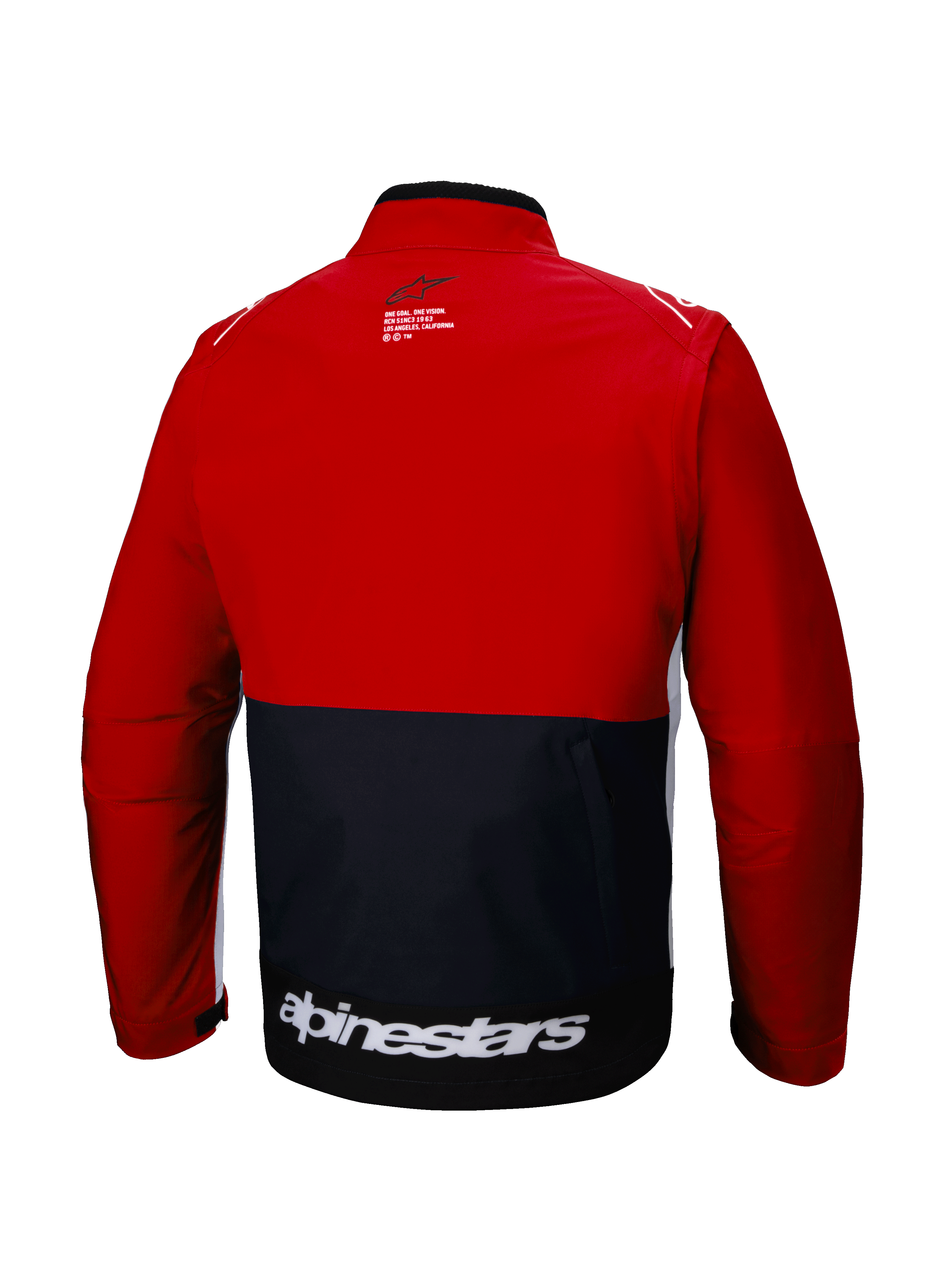 Alpinestars Lite-Dura Softshell Jacket, vista trasera, chaqueta de enduro off-road, negro y rojo brillante con detalles blancos, logotipo de Alpinestars en blanco en la parte inferior de la espalda, diseño de bloques de color, bolsillo trasero funcional, softshell modular para motocross y trail.