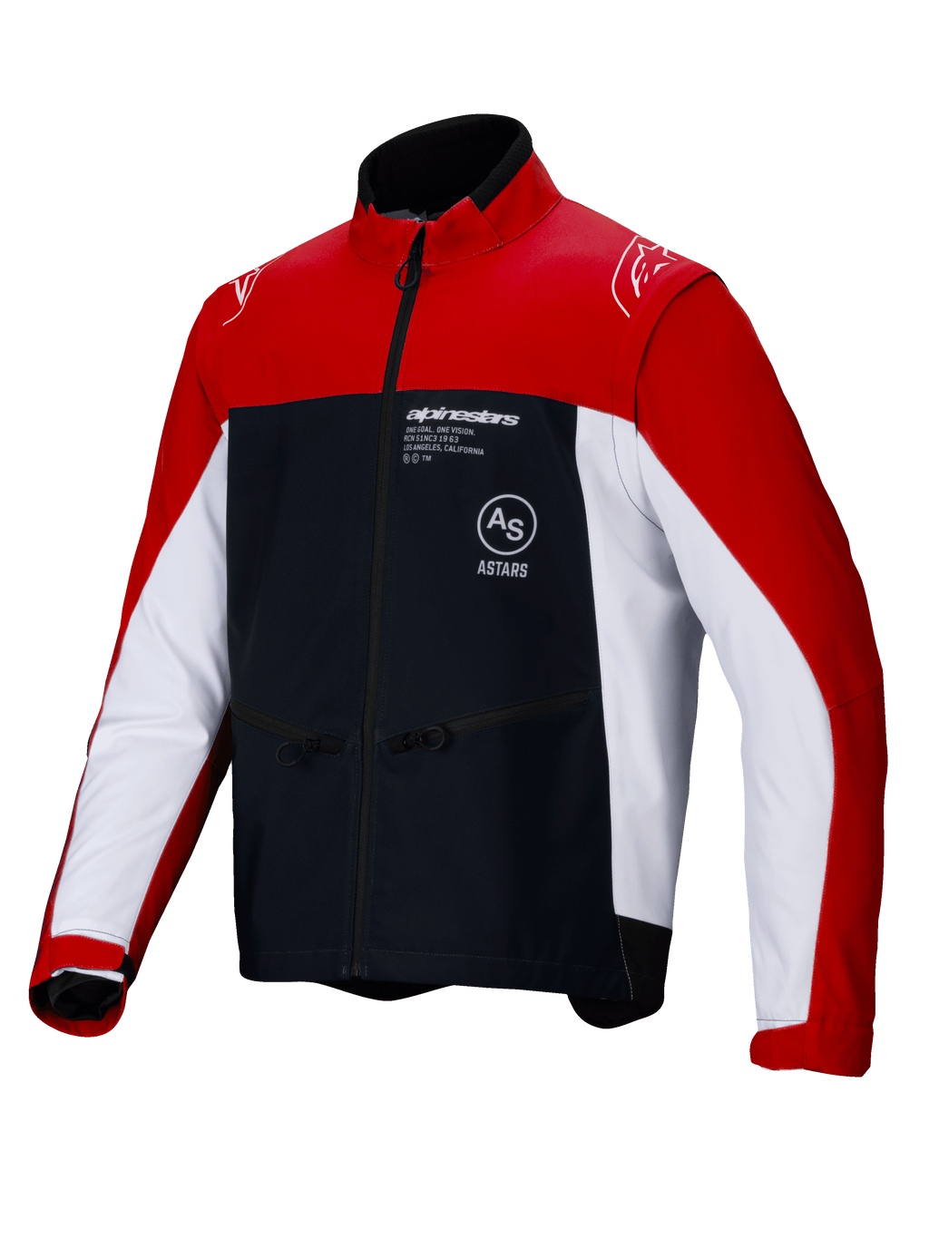Chaqueta Alpinestars Lite-Dura Softshell, chaqueta de motociclismo para enduro off-road, negro, rojo brillante y blanco, con un diseño de bloques de color con hombros y exterior de las mangas en rojo, paneles laterales blancos y pecho negro con la marca Alpinestars, bolsillos con cremallera y diseño de cuello alto