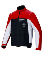 Chaqueta Alpinestars Lite-Dura Softshell, chaqueta de motociclismo para enduro off-road, negro, rojo brillante y blanco, con un diseño de bloques de color con hombros y exterior de las mangas en rojo, paneles laterales blancos y pecho negro con la marca Alpinestars, bolsillos con cremallera y diseño de cuello alto